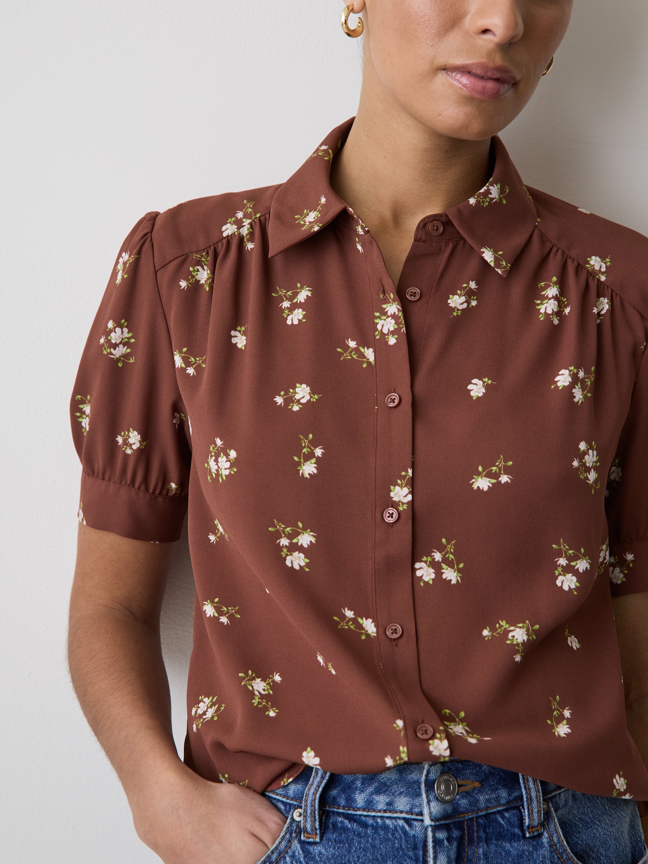 Silky Crepe Short-Sleeve Buttoned-Down Blouse rw&co On Sale