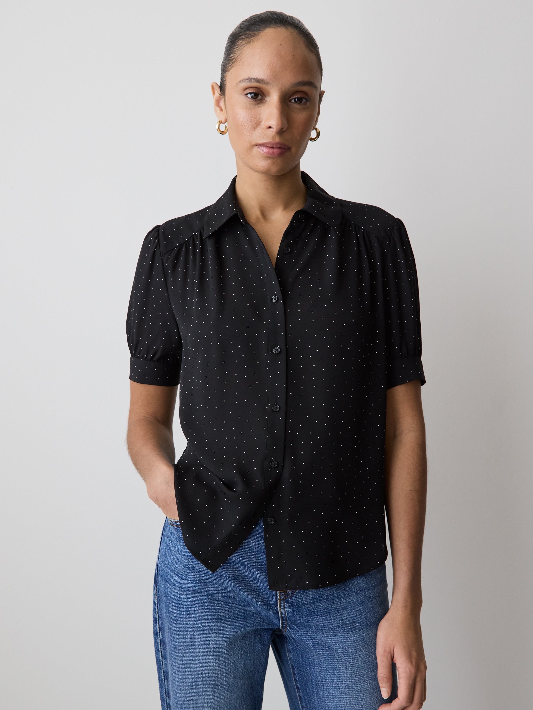 Silky Crepe Short-Sleeve Buttoned-Down Blouse rw&co On Sale