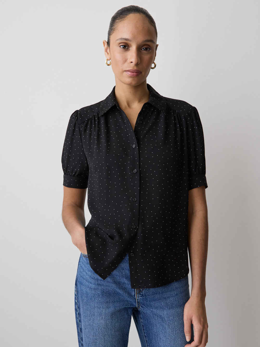 Silky Crepe Short-Sleeve Buttoned-Down Blouse rw&co On Sale
