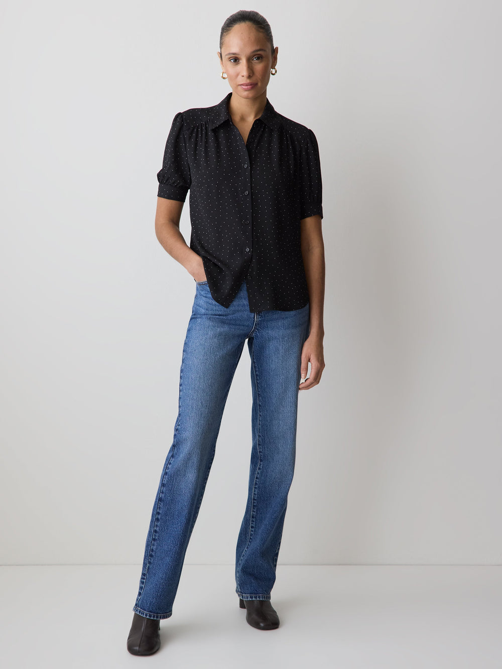 Silky Crepe Short-Sleeve Buttoned-Down Blouse rw&co On Sale