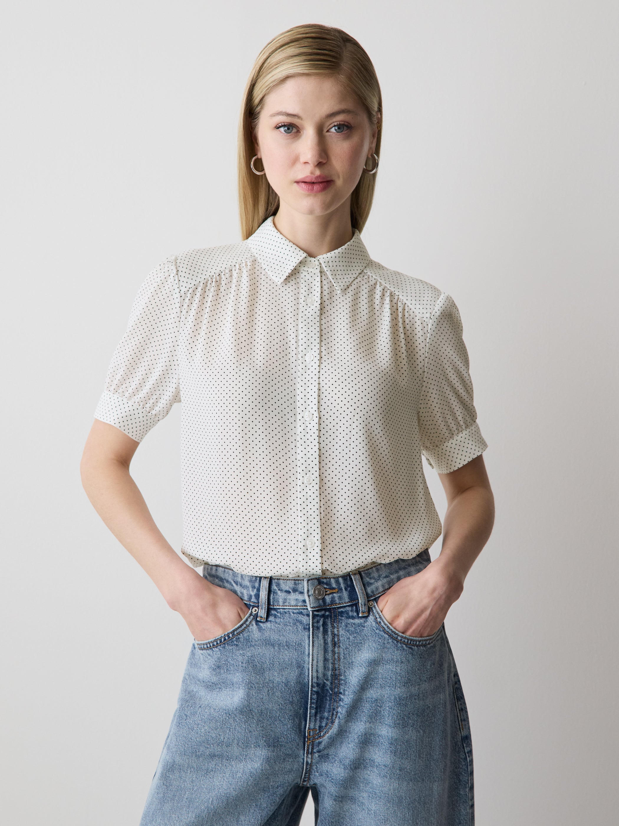 Silky Crepe Short-Sleeve Buttoned-Down Blouse rw&co On Sale
