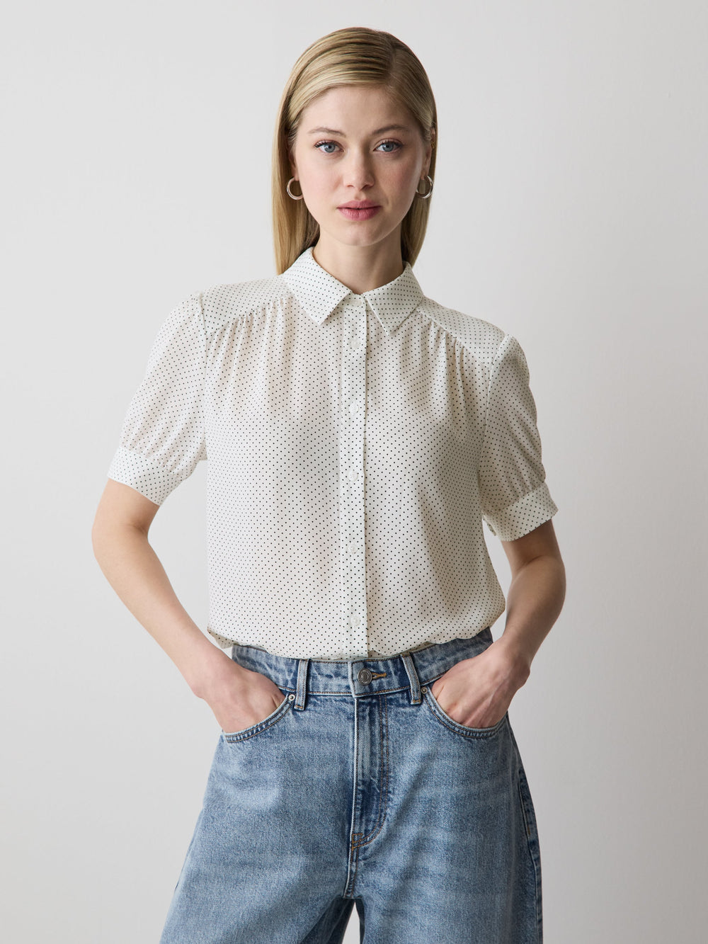 Silky Crepe Short-Sleeve Buttoned-Down Blouse rw&co On Sale
