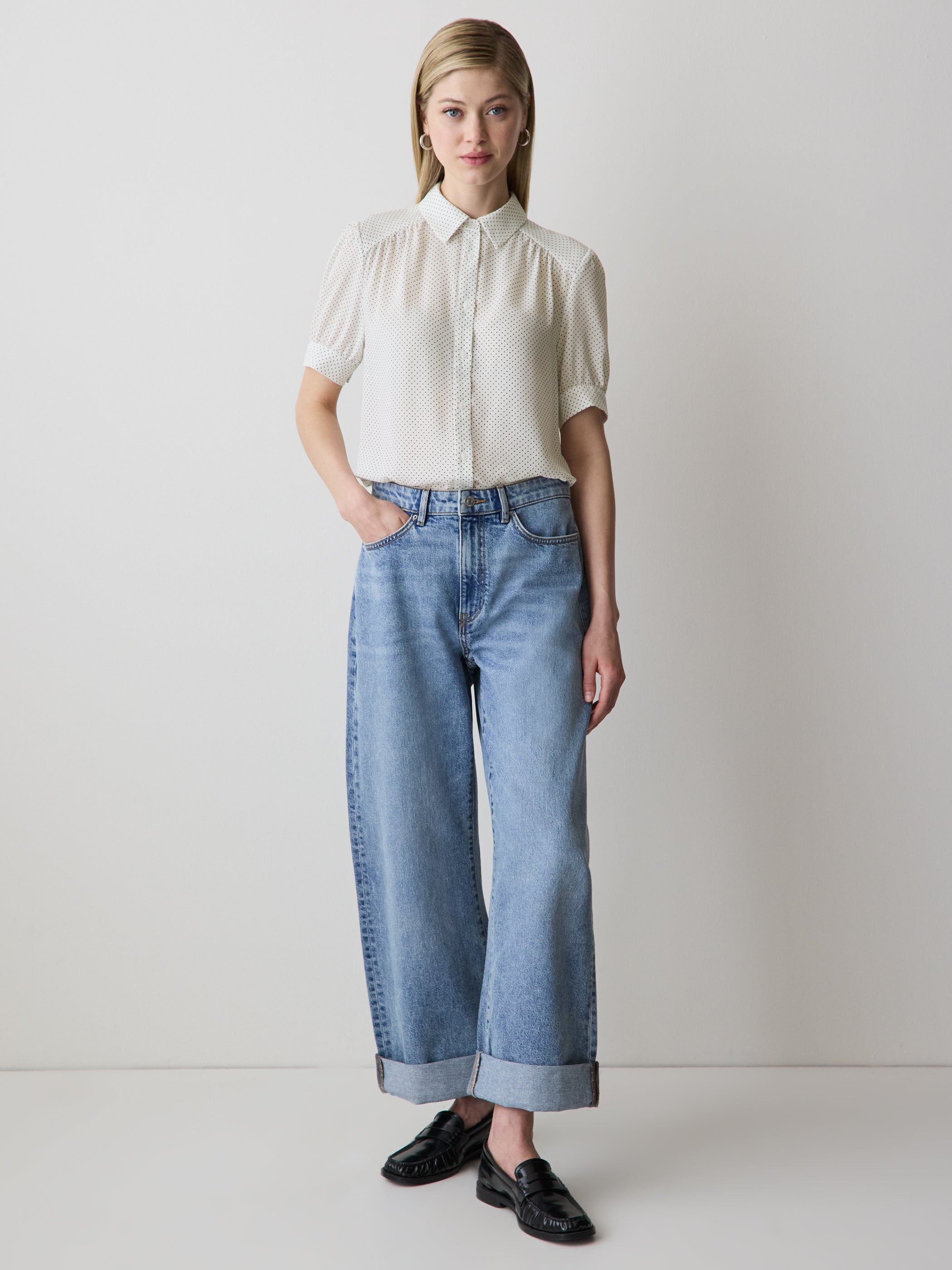 Silky Crepe Short-Sleeve Buttoned-Down Blouse rw&co On Sale