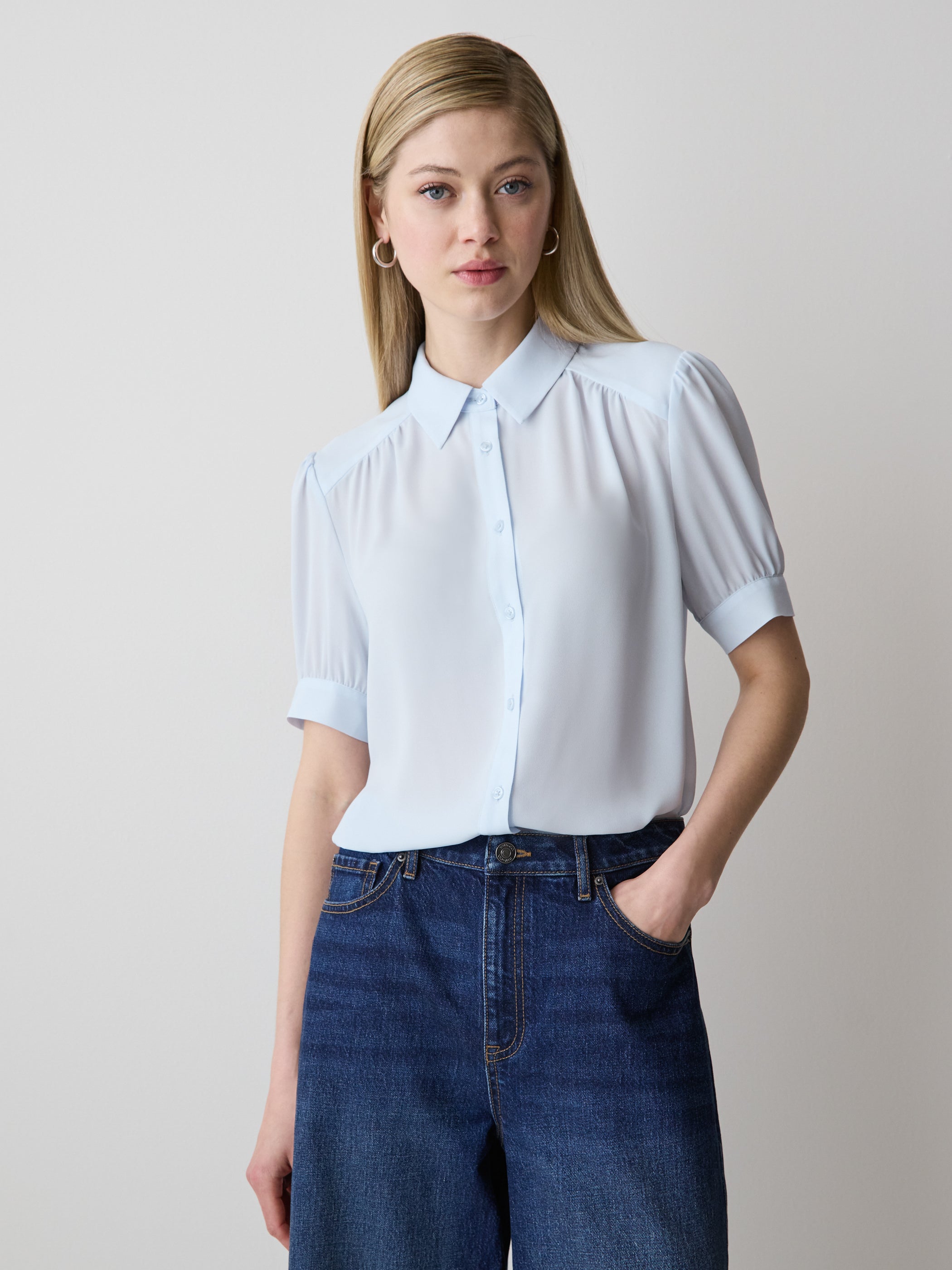 Silky Crepe Short-Sleeve Buttoned-Down Blouse rw&co On Sale