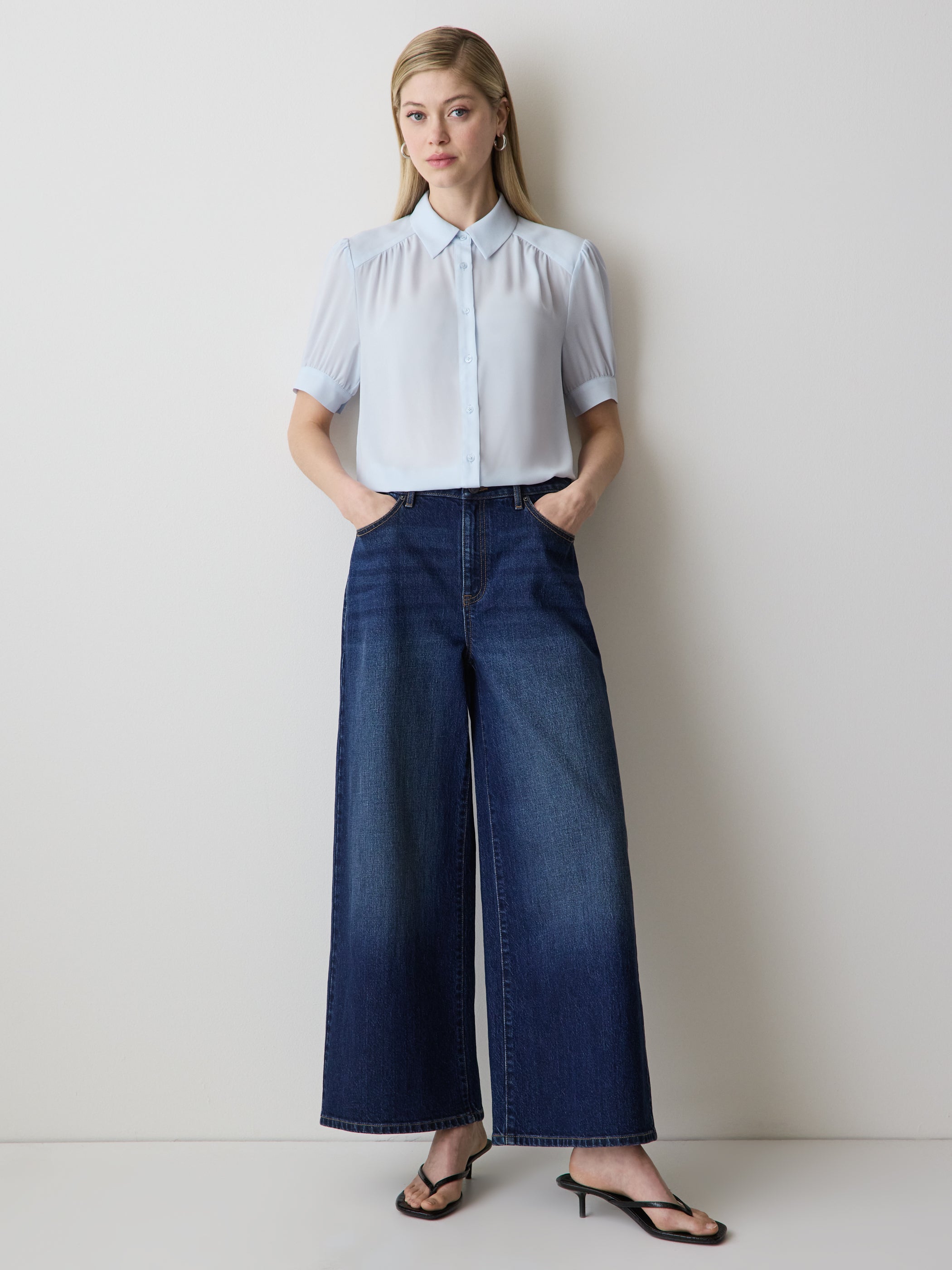 Silky Crepe Short-Sleeve Buttoned-Down Blouse rw&co On Sale