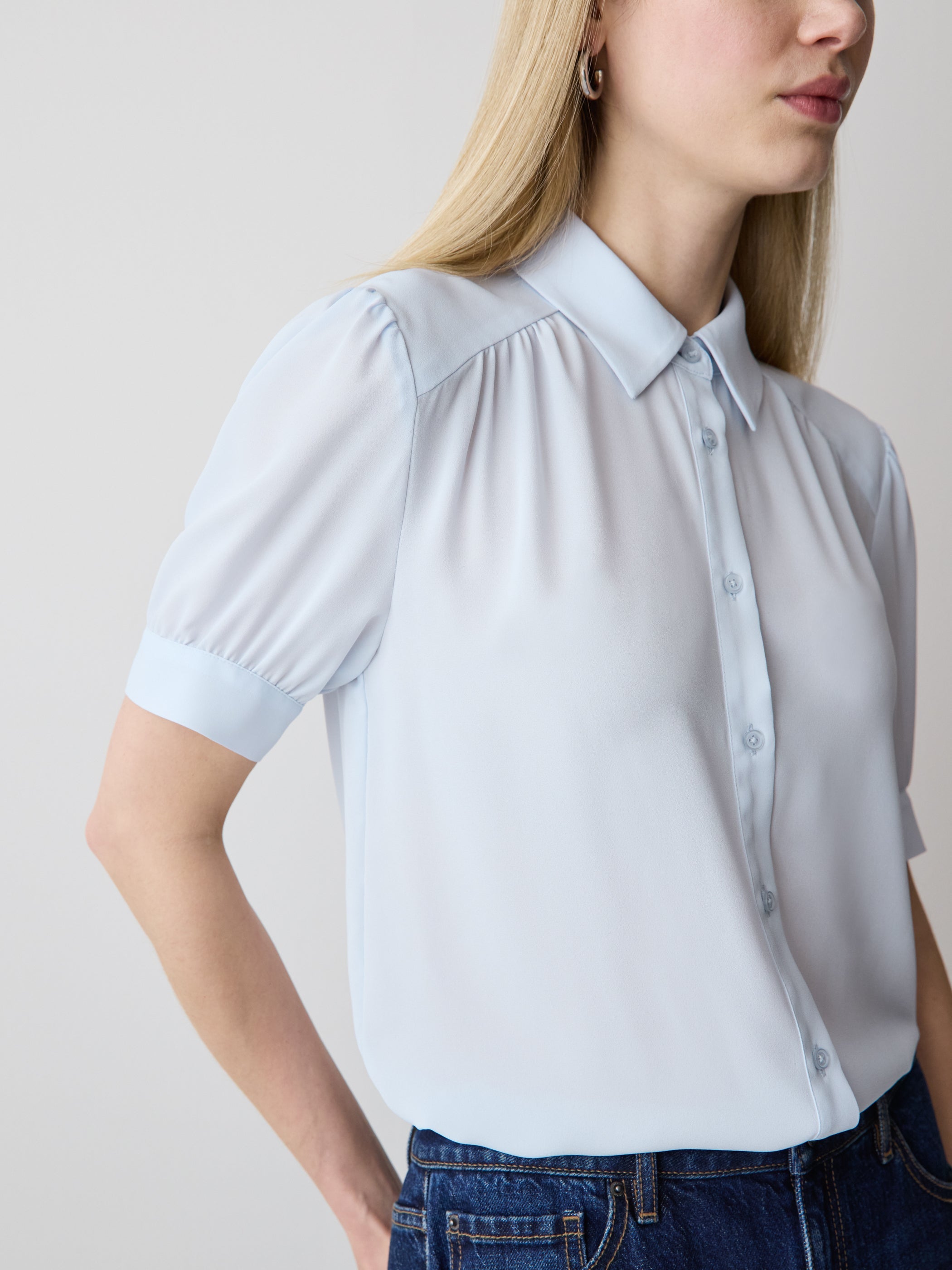 Silky Crepe Short-Sleeve Buttoned-Down Blouse rw&co On Sale