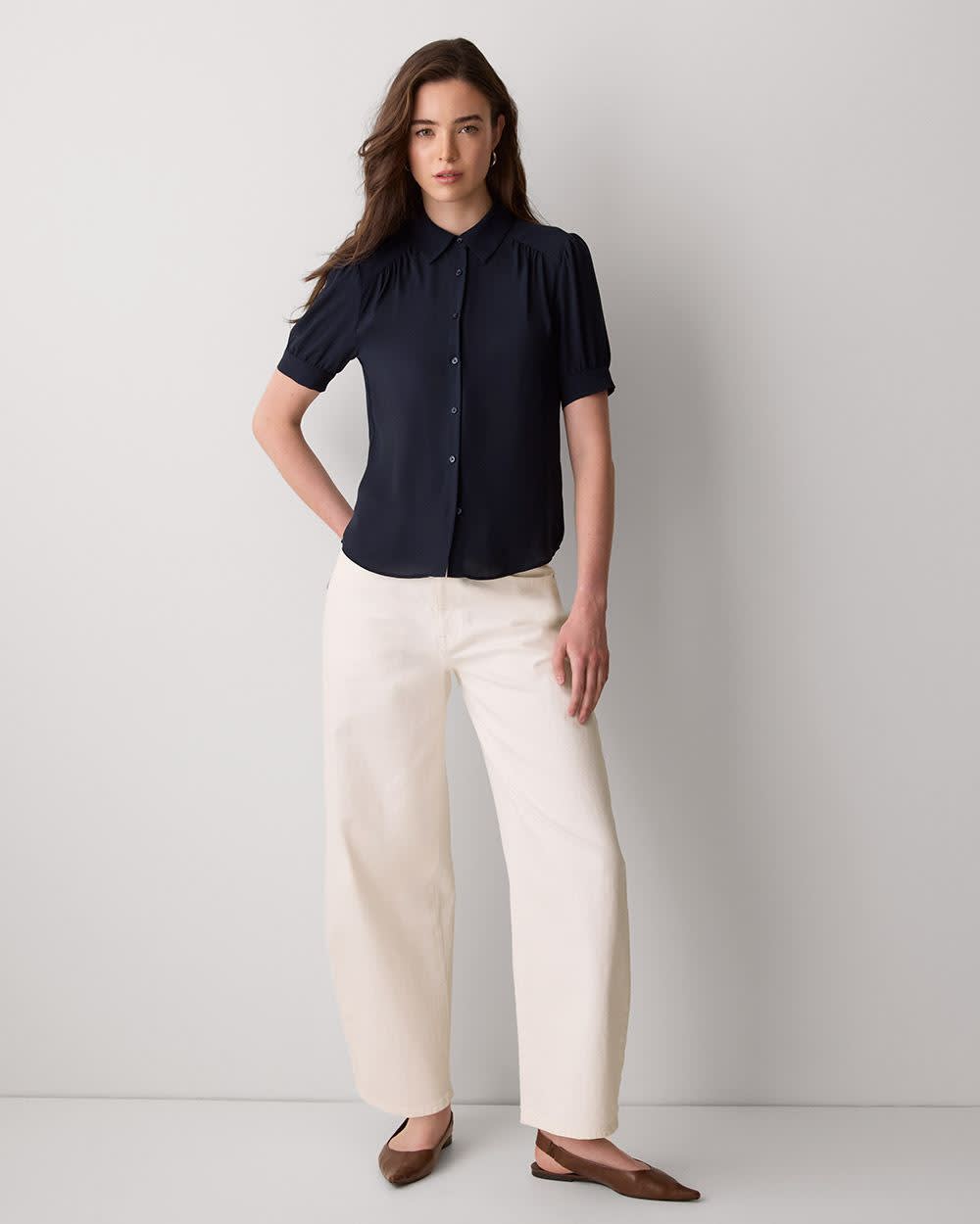 Silky Crepe Short-Sleeve Buttoned-Down Blouse rw&co On Sale