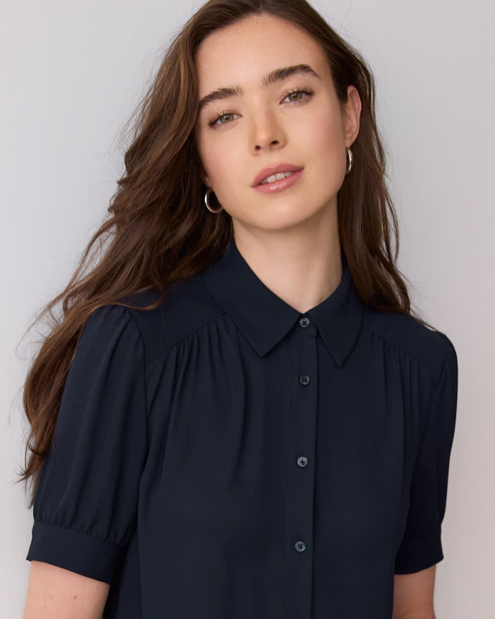 Silky Crepe Short-Sleeve Buttoned-Down Blouse rw&co On Sale