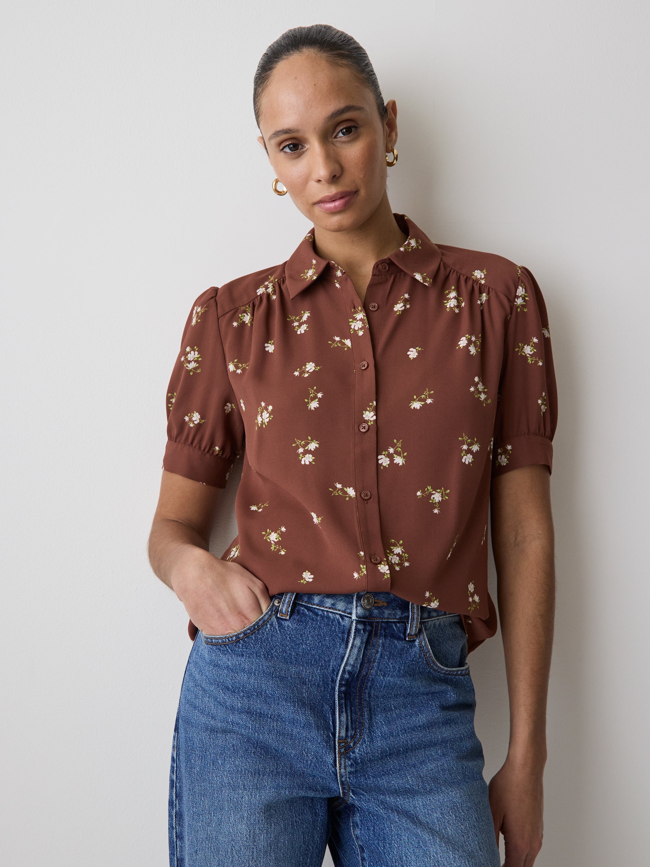 Silky Crepe Short-Sleeve Buttoned-Down Blouse rw&co On Sale