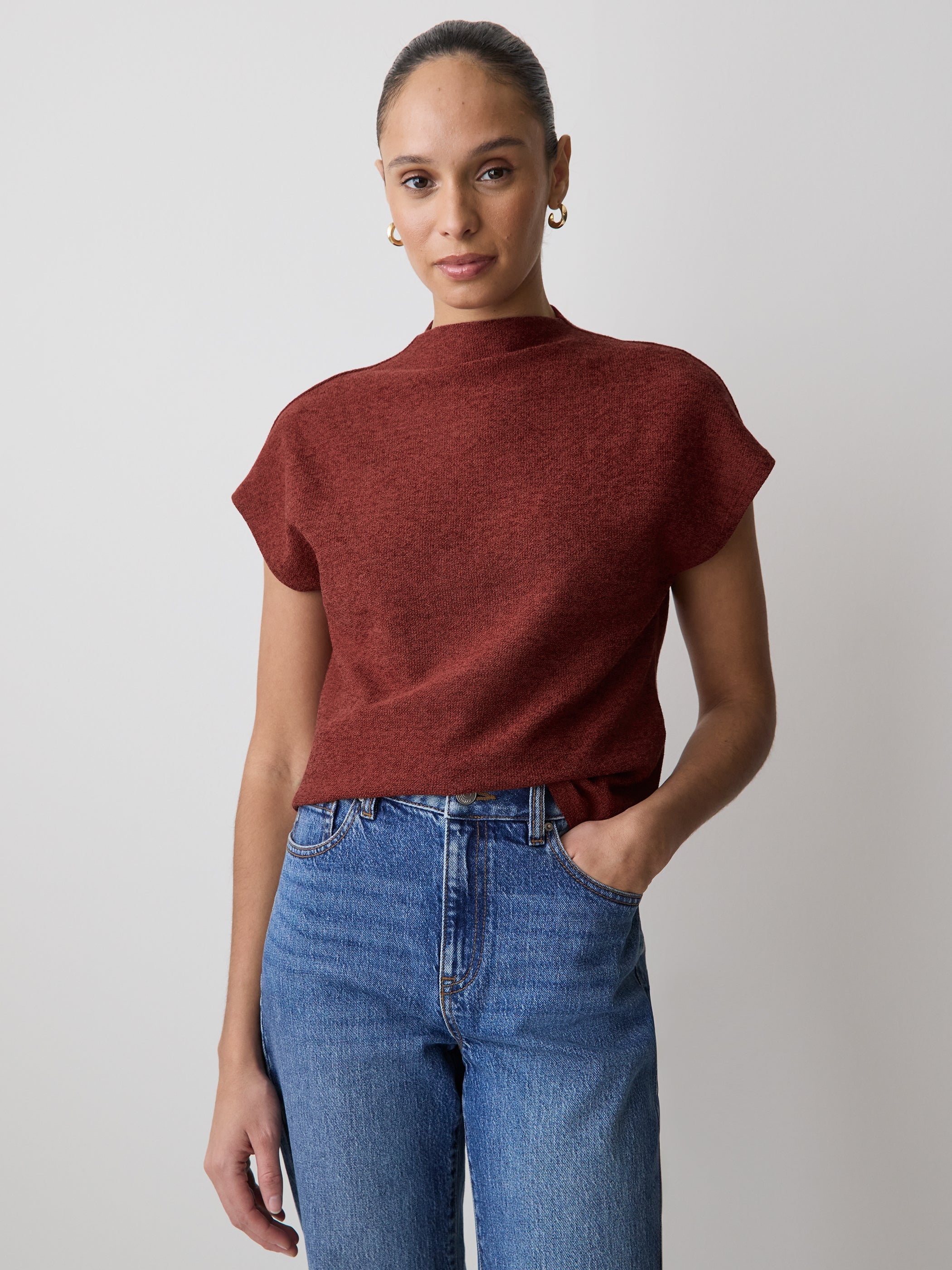 Extended-Sleeve Mock-Neck Textured Top rw&co Exclusive Sale Price
