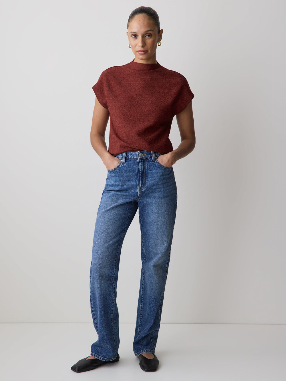 Extended-Sleeve Mock-Neck Textured Top rw&co Exclusive Sale Price
