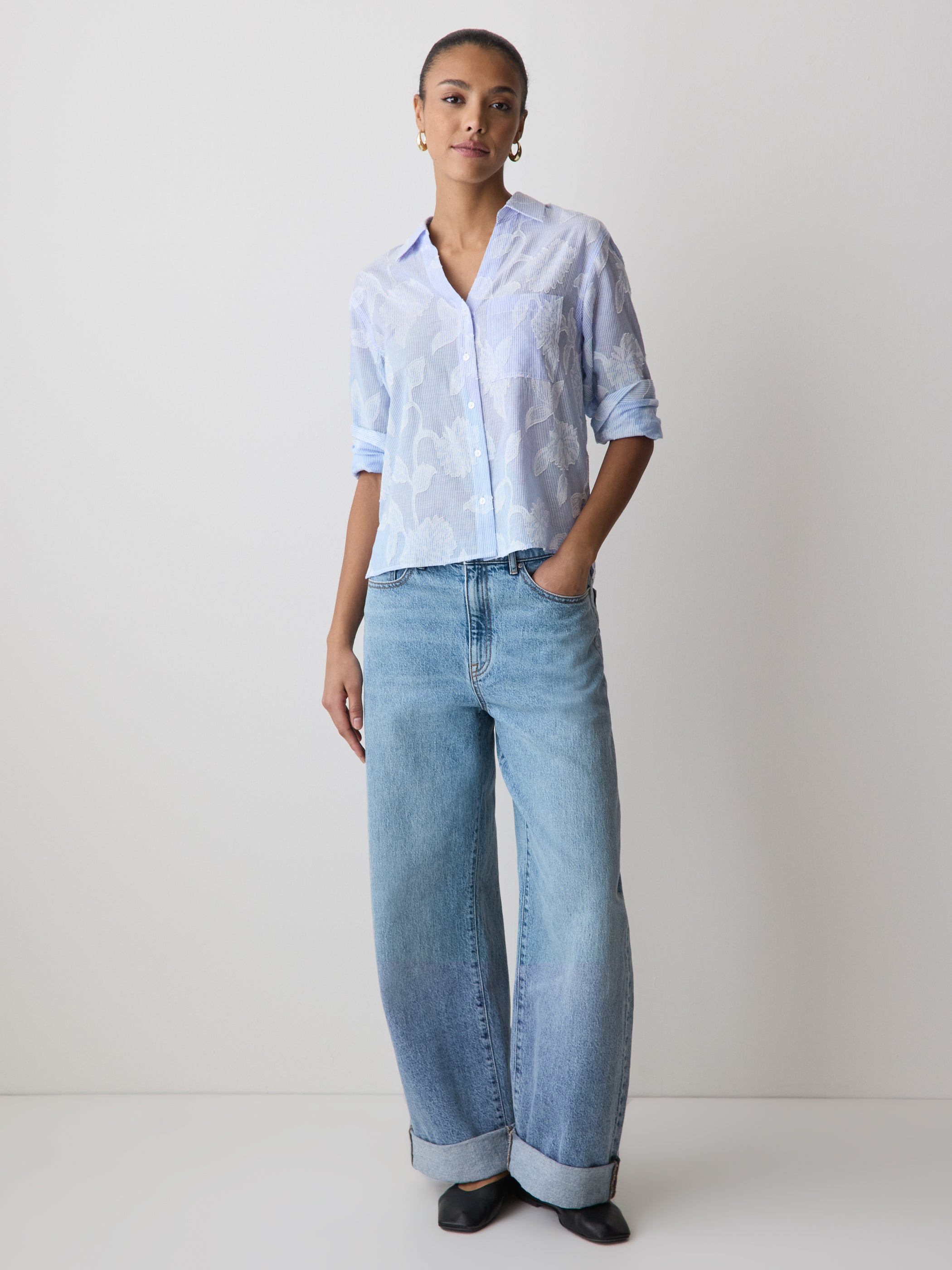 Long-Sleeve Buttoned-Down Textured Blouse rw&co On Sale