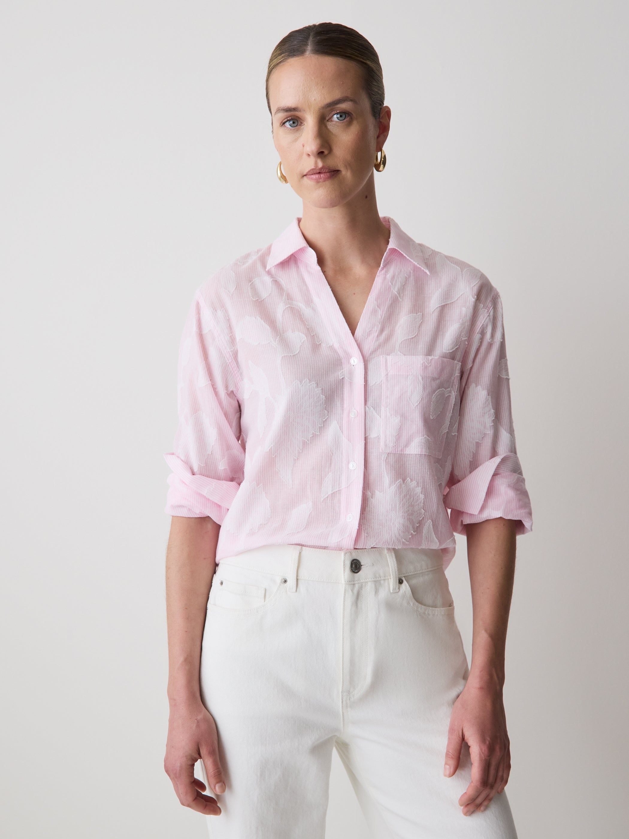 Long-Sleeve Buttoned-Down Textured Blouse rw&co On Sale