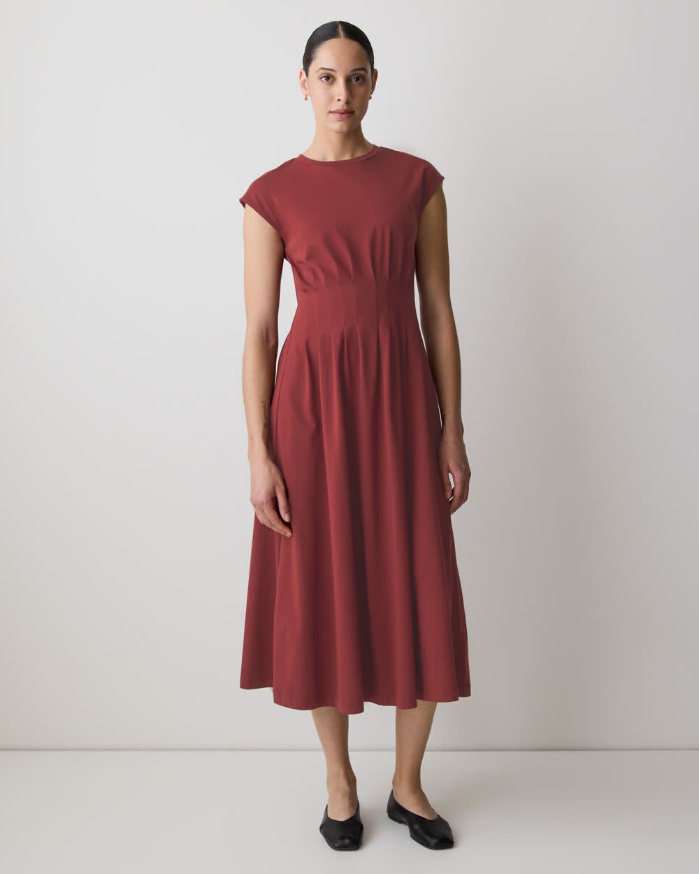 Extended-Sleeve Crew-Neck Midi Dress with Pintucks rw&co Special Promo Price