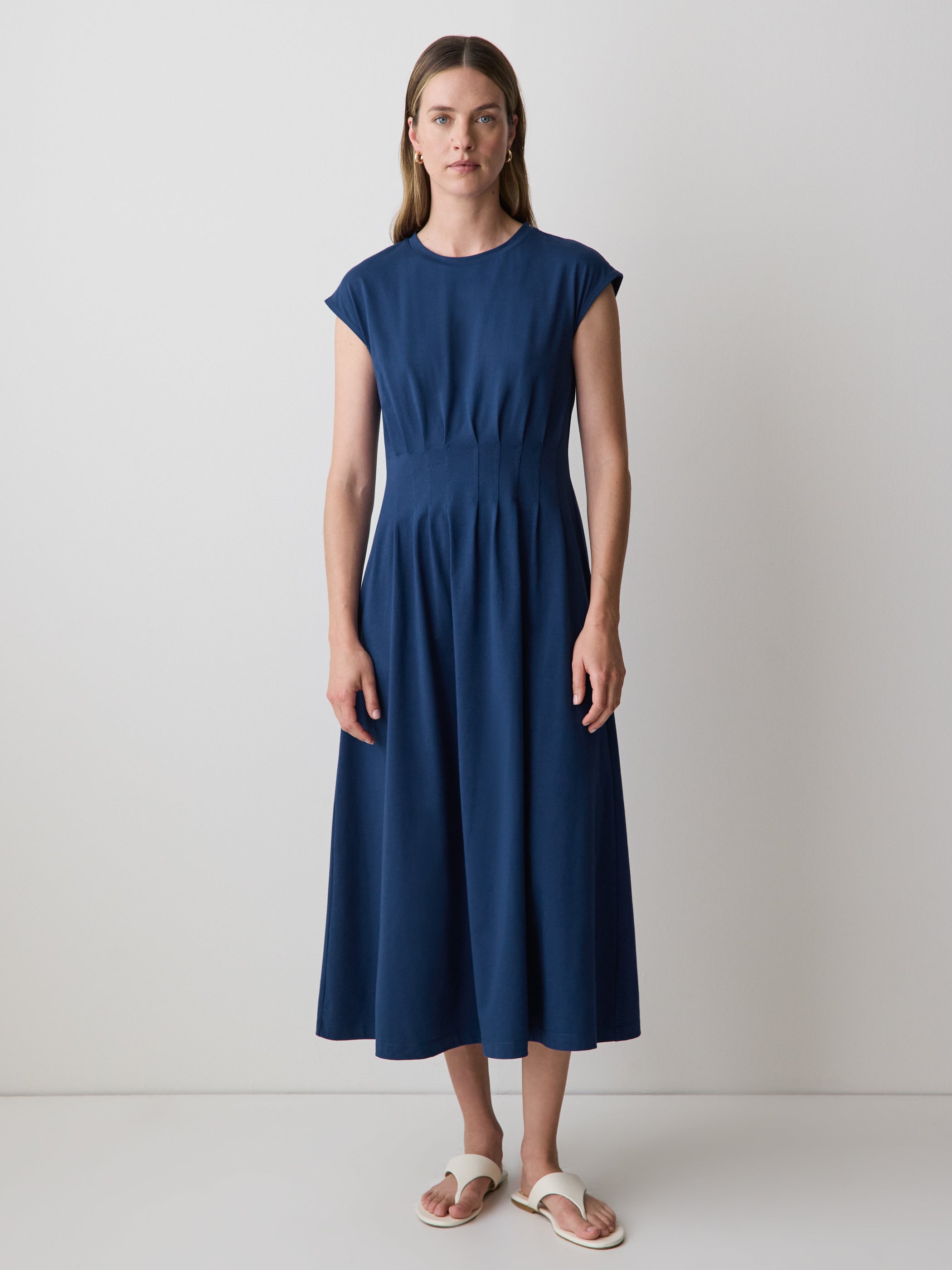 Extended-Sleeve Crew-Neck Midi Dress with Pintucks rw&co Special Promo Price