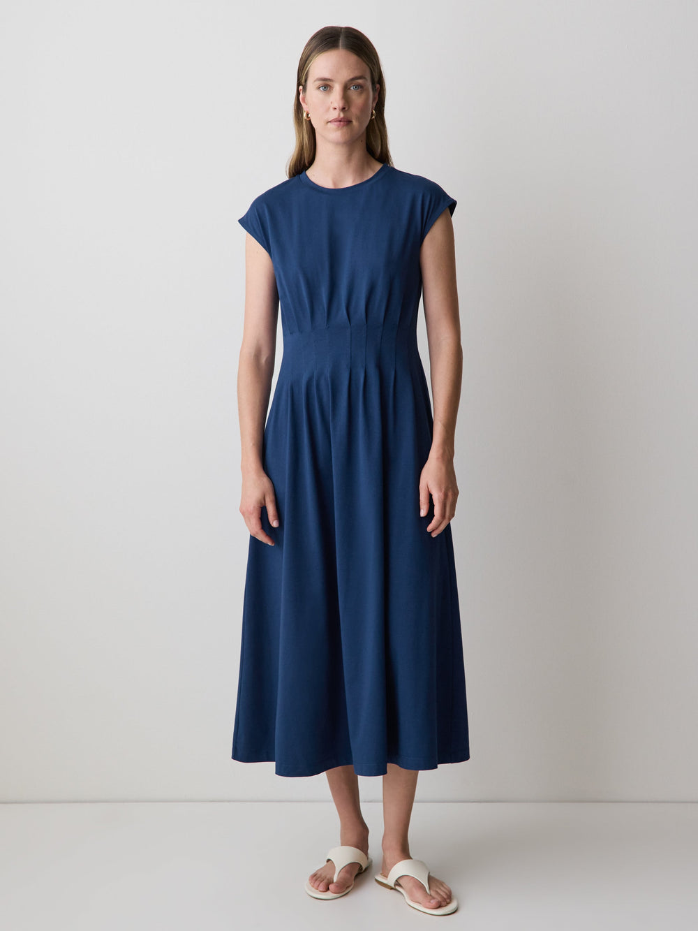 Extended-Sleeve Crew-Neck Midi Dress with Pintucks rw&co Special Promo Price