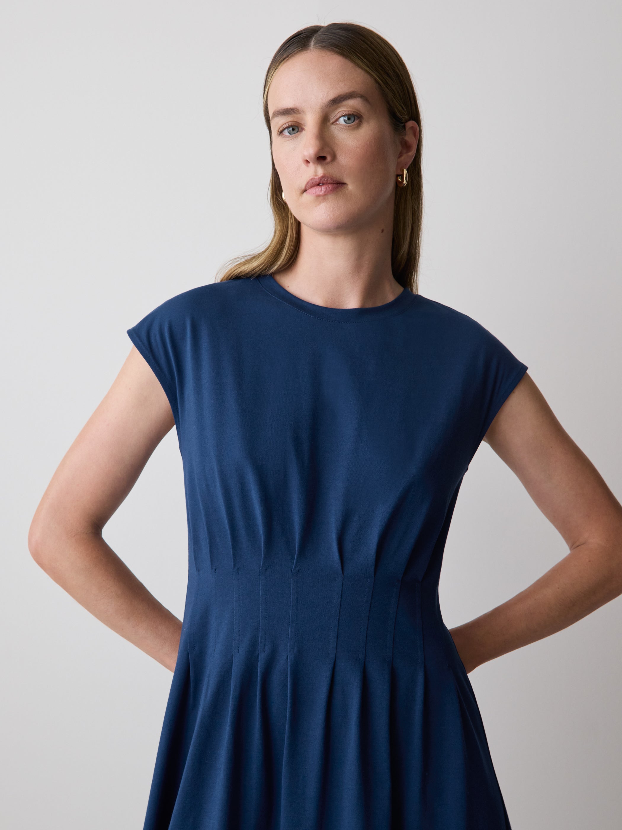 Extended-Sleeve Crew-Neck Midi Dress with Pintucks rw&co Special Promo Price