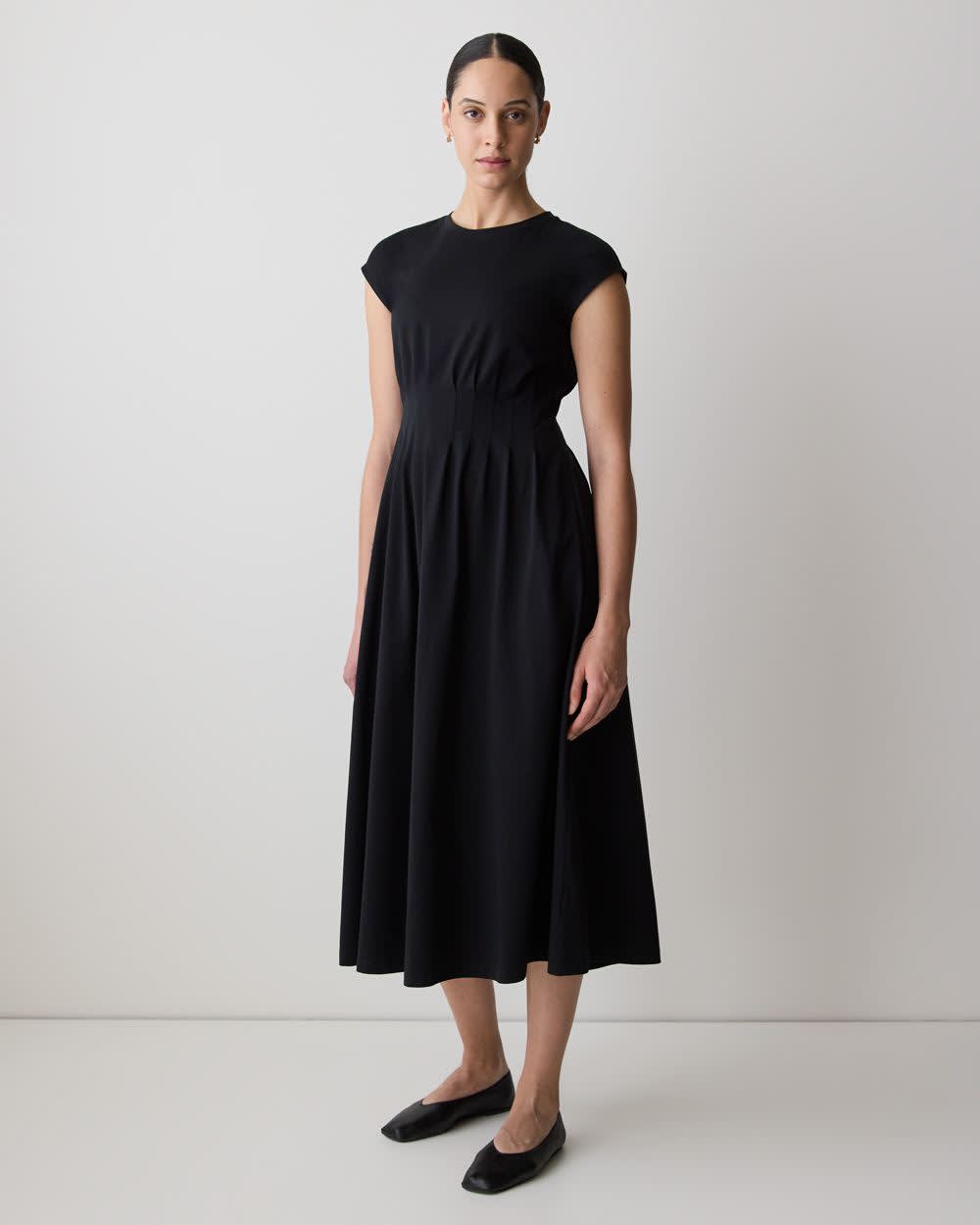 Extended-Sleeve Crew-Neck Midi Dress with Pintucks rw&co Special Promo Price