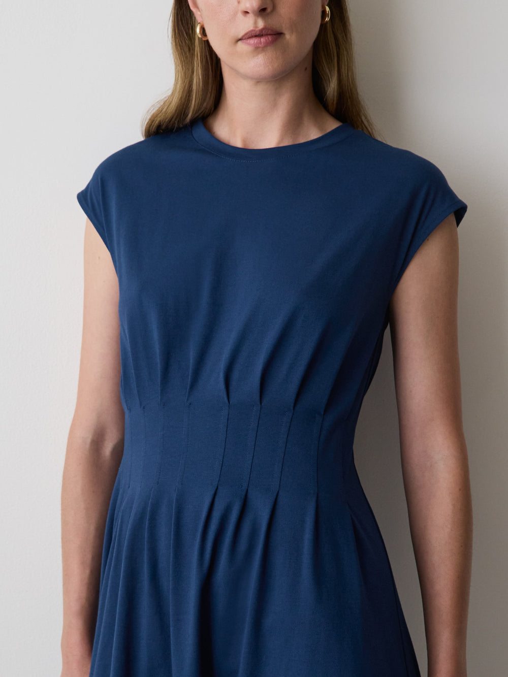 Extended-Sleeve Crew-Neck Midi Dress with Pintucks rw&co Special Promo Price