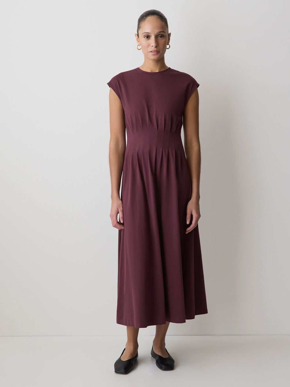 Extended-Sleeve Crew-Neck Midi Dress with Pintucks rw&co Special Promo Price