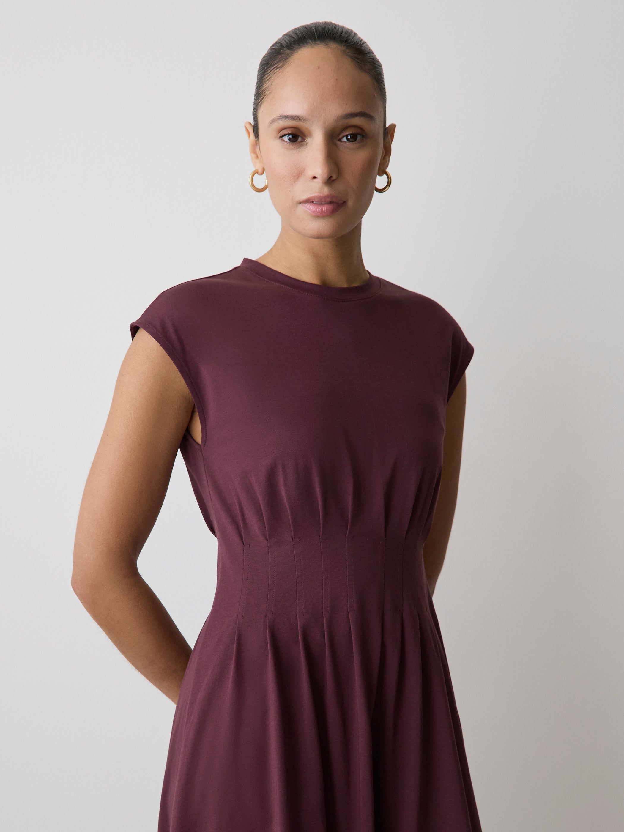 Extended-Sleeve Crew-Neck Midi Dress with Pintucks rw&co Special Promo Price