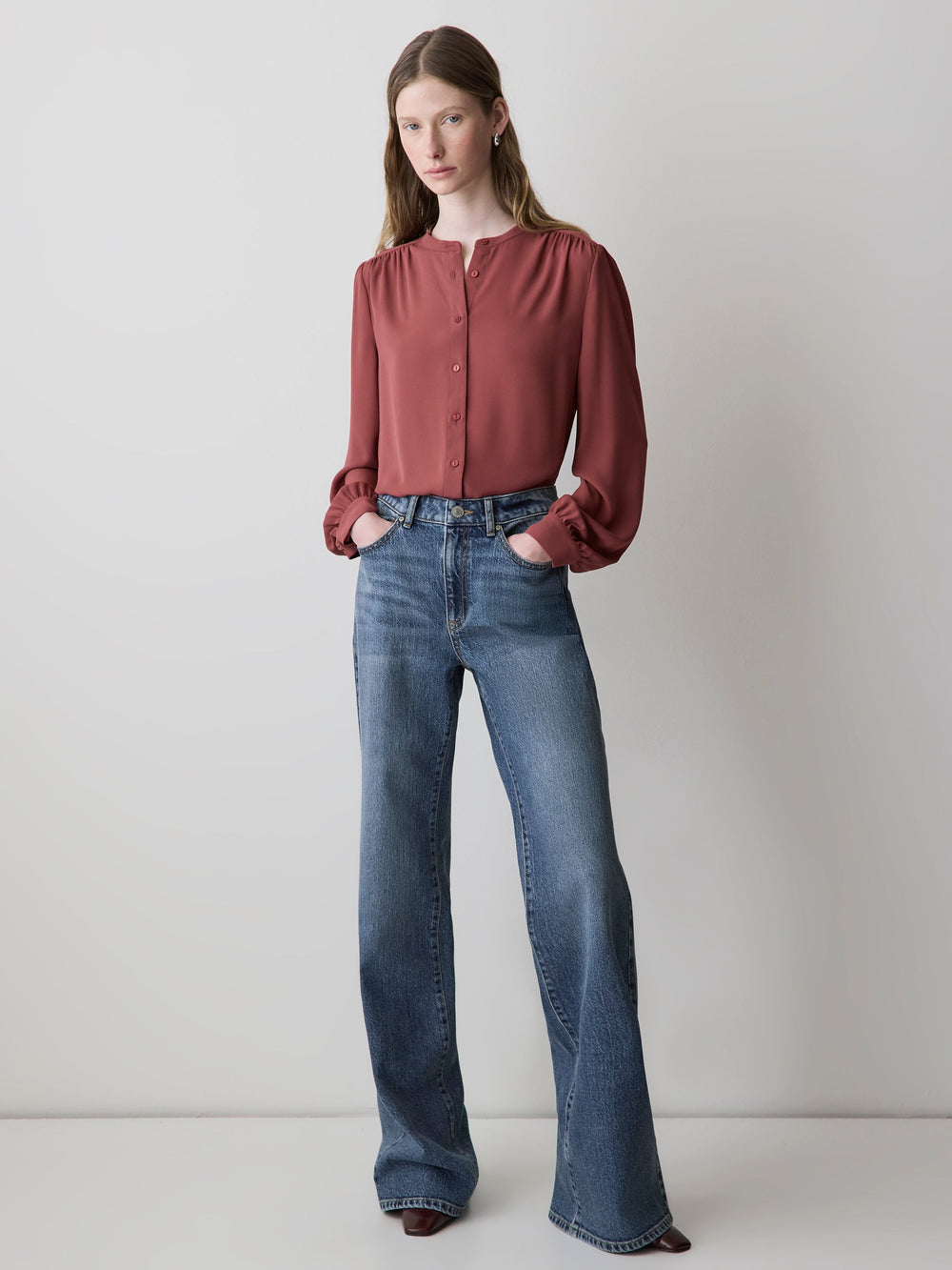 Silky Crepe Long-Sleeve Buttoned-Down Blouse rw&co Exclusive Sale Price