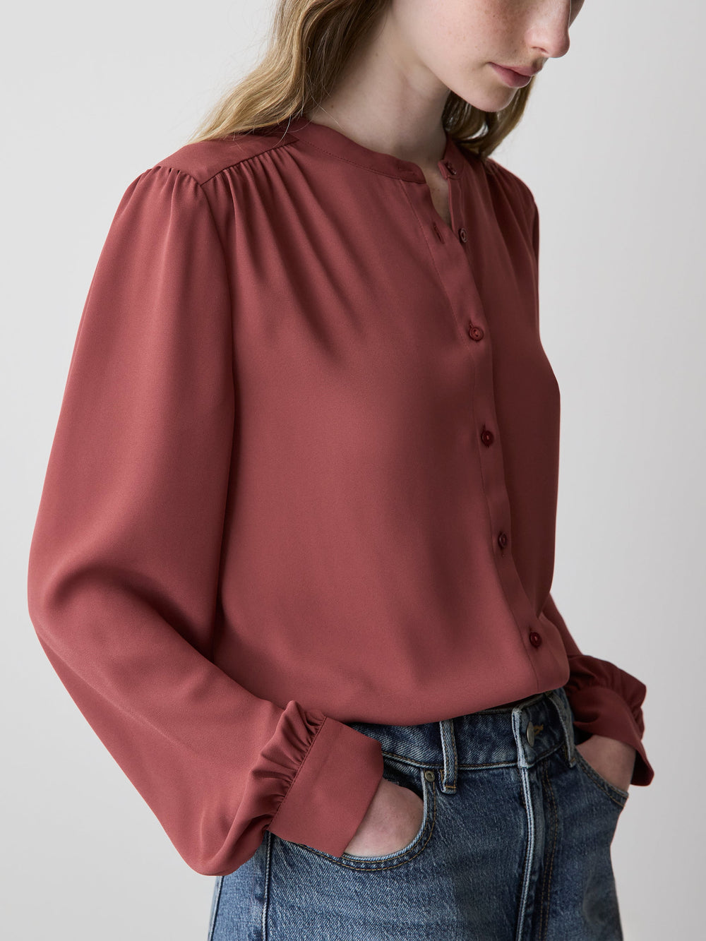 Silky Crepe Long-Sleeve Buttoned-Down Blouse rw&co Exclusive Sale Price