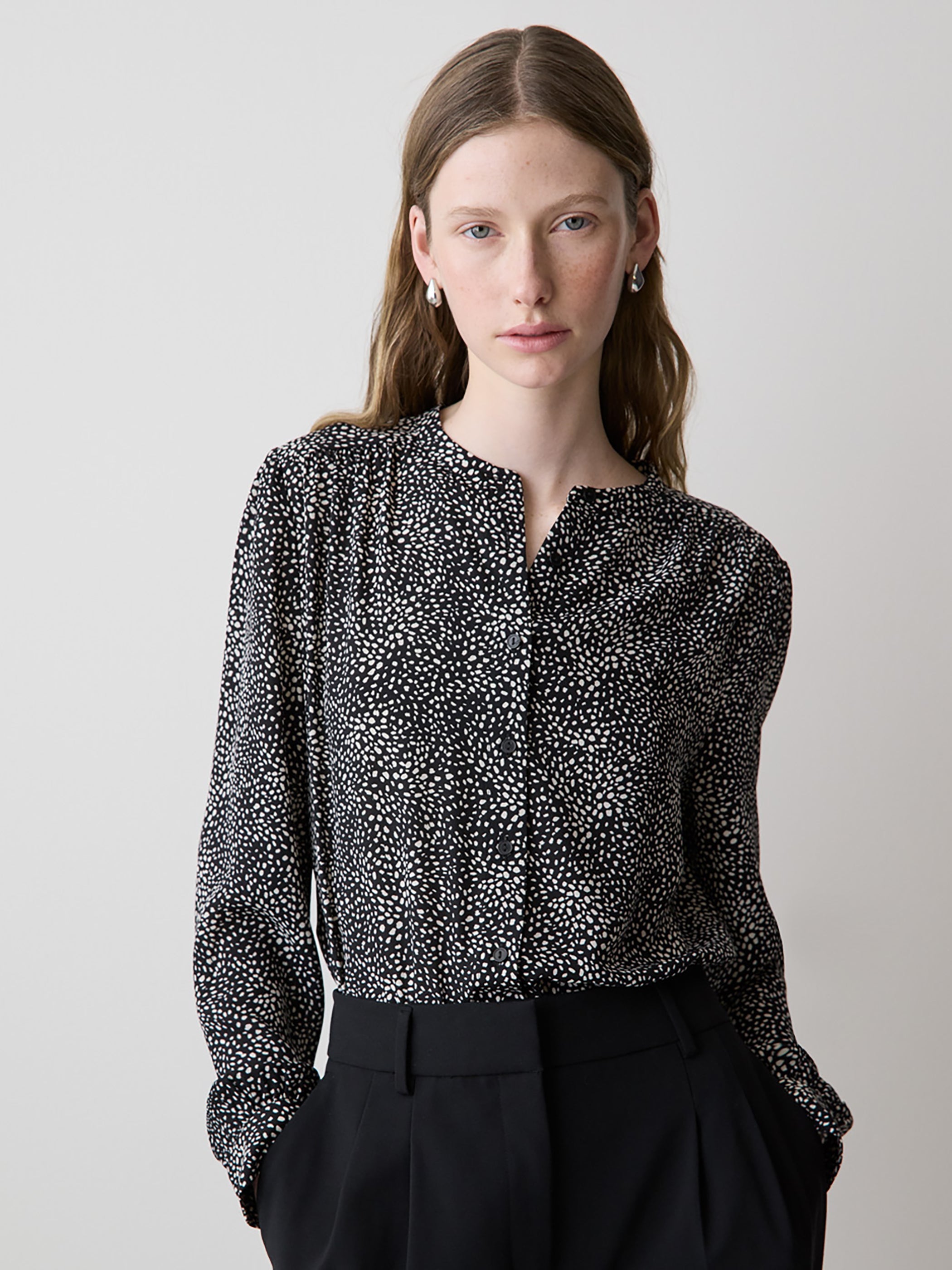 Silky Crepe Long-Sleeve Buttoned-Down Blouse rw&co Exclusive Sale Price