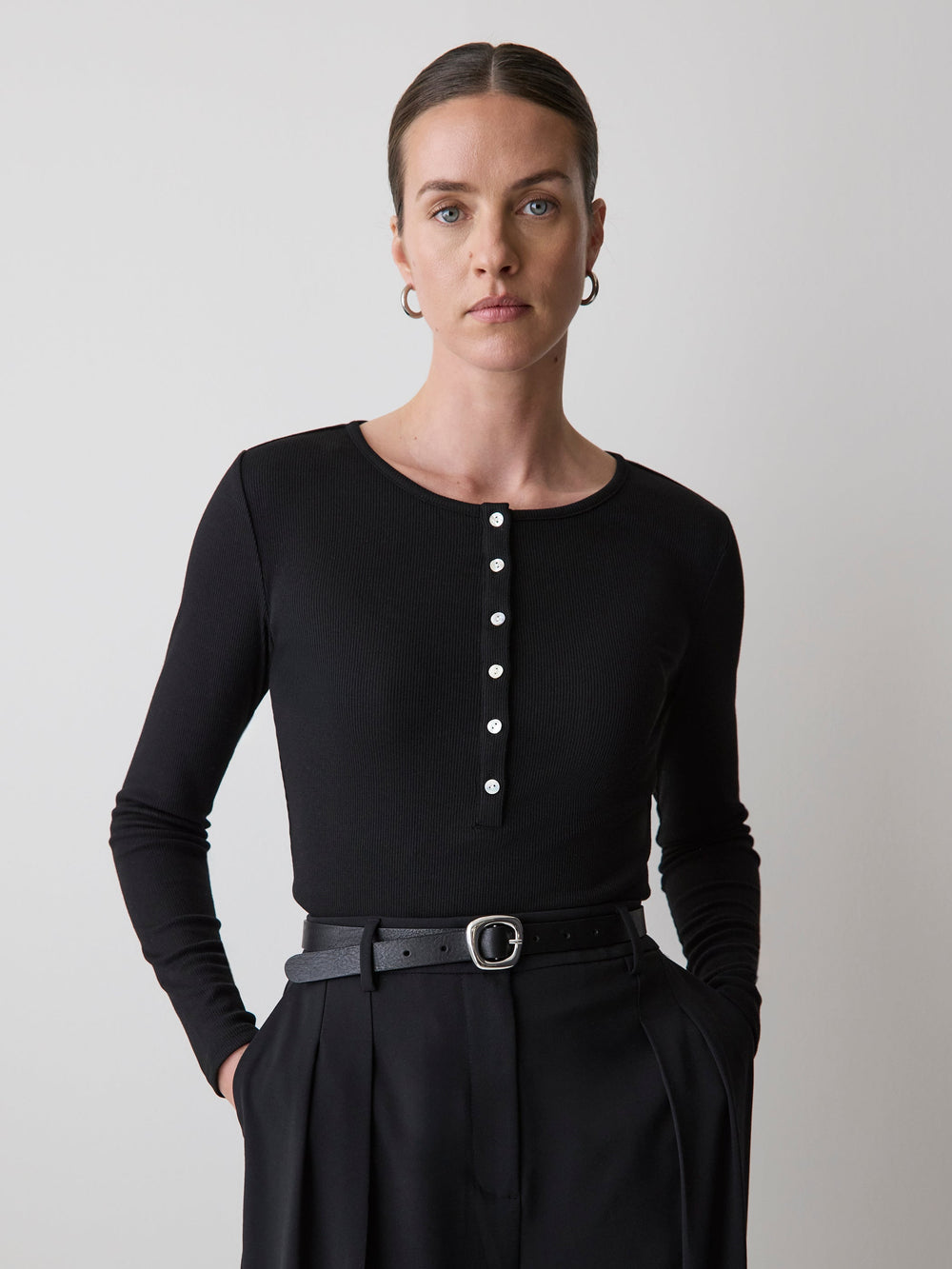 Long-Sleeve Henley Ribbed Top rw&co Special Offer