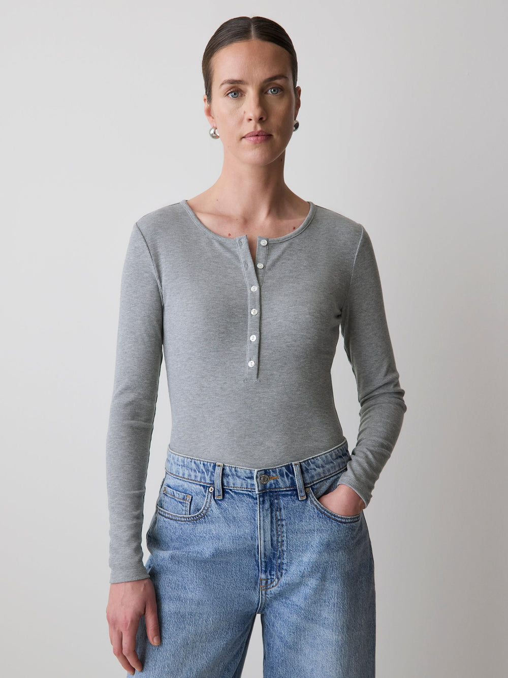 Long-Sleeve Henley Ribbed Top rw&co Special Offer