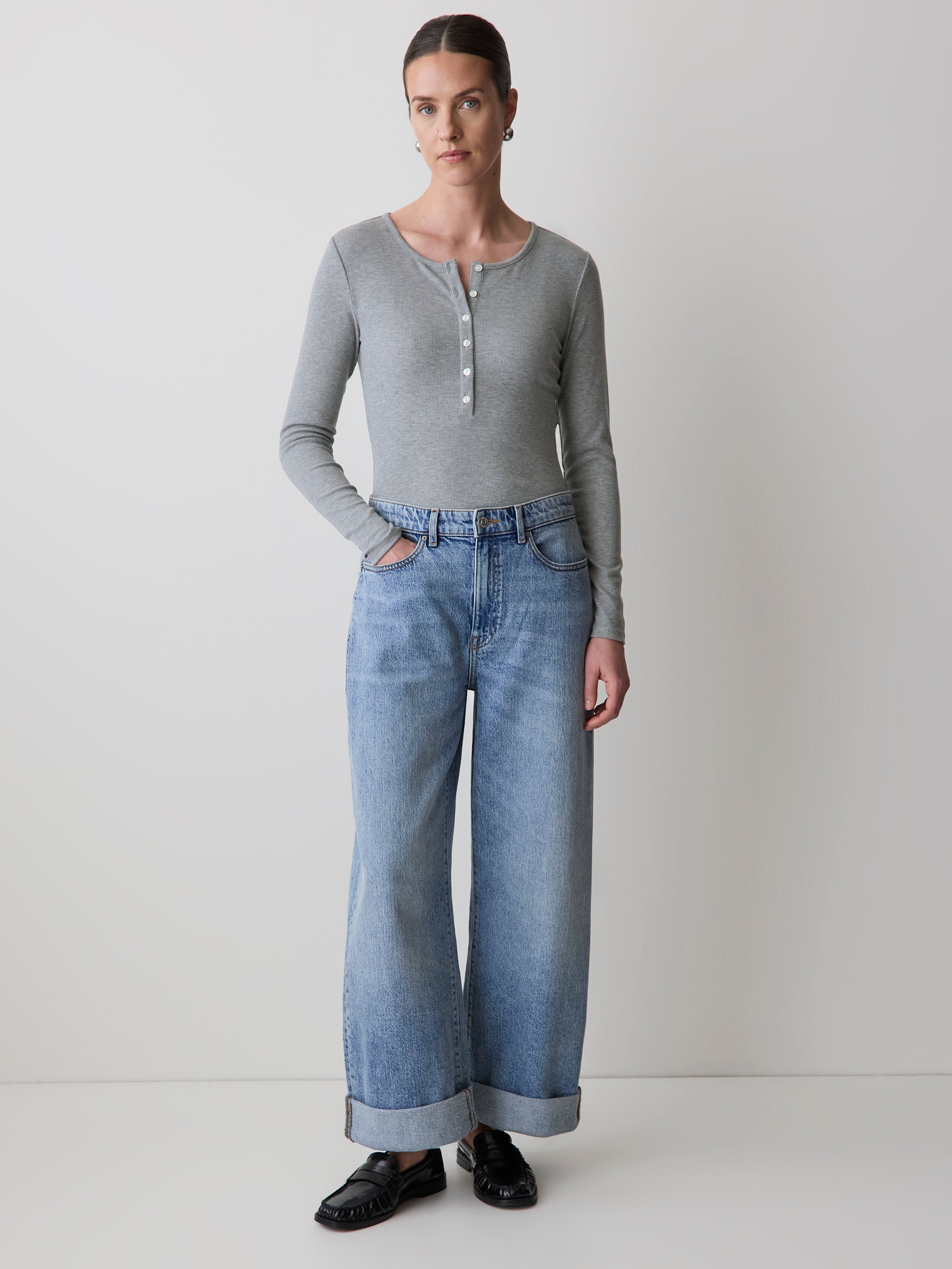 Long-Sleeve Henley Ribbed Top rw&co Special Offer