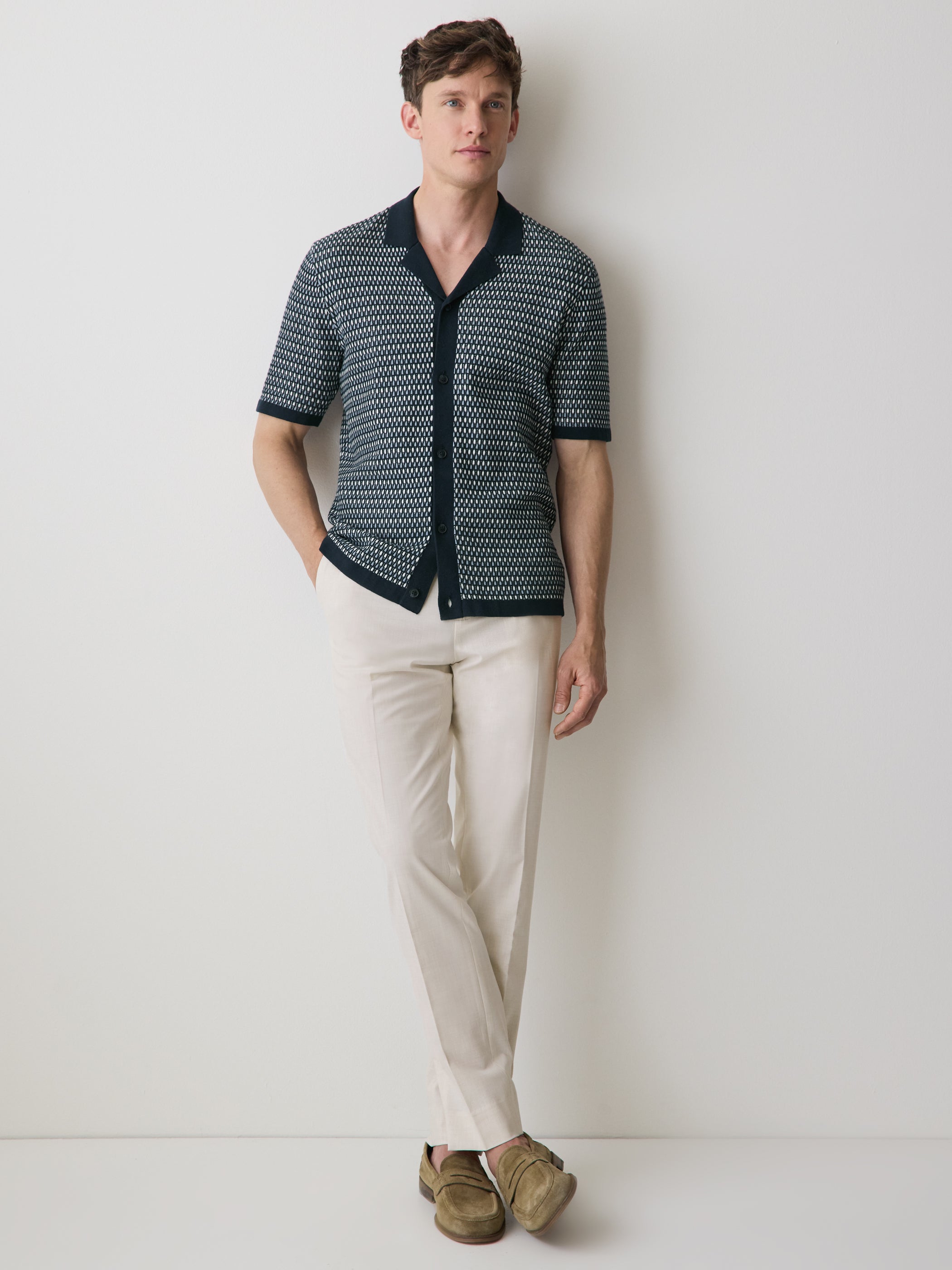 Striped Short-Sleeve Shirt Sweater with Camp Collar rw&co Special Offer