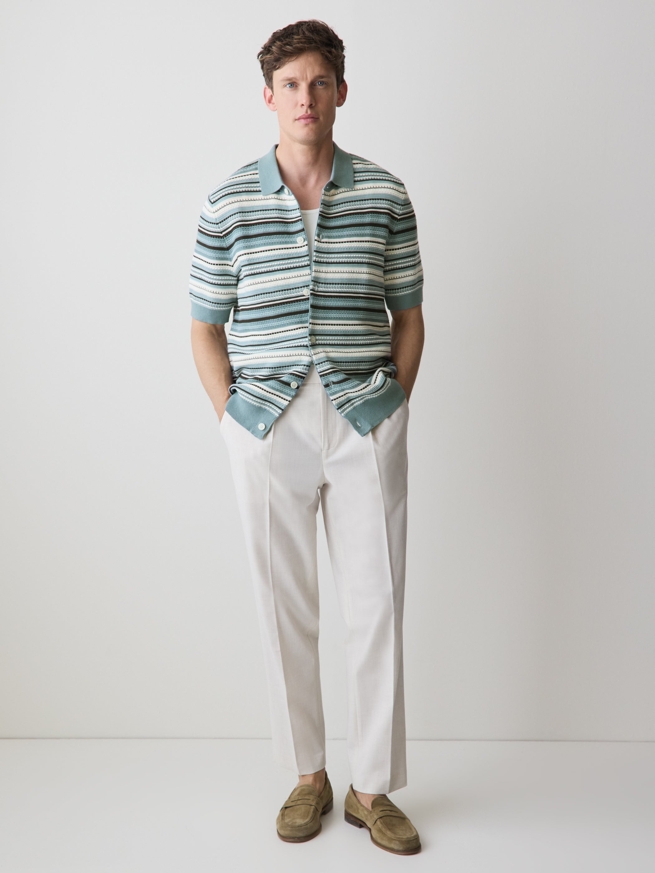 Striped Short-Sleeve Sweater with Shirt Collar rw&co Exclusive Sale Price