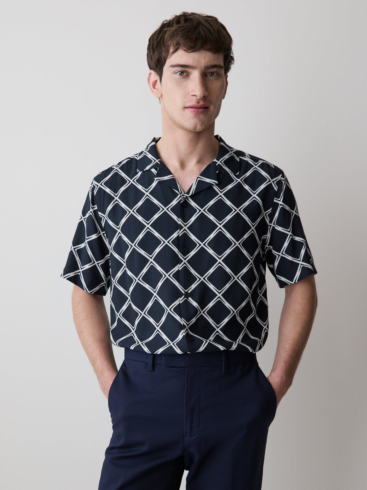 Short-Sleeve Camp-Collar Shirt with Geo Print rw&co Limited Time Discount
