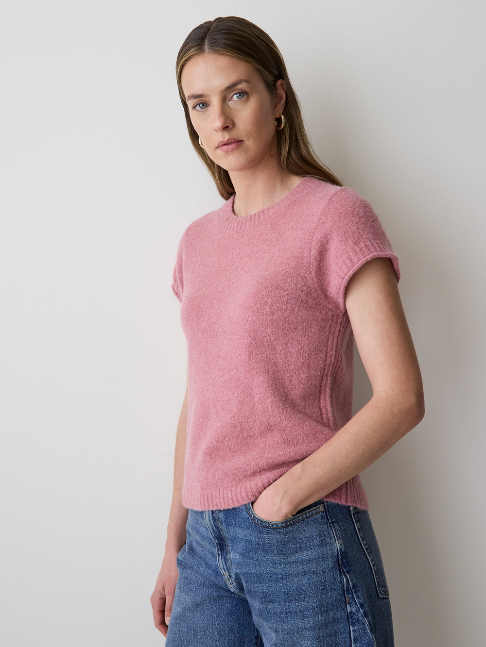 Wool-Blend Cap-Sleeve Crew-Neck Boxy Sweater rw&co Limited Time Discount