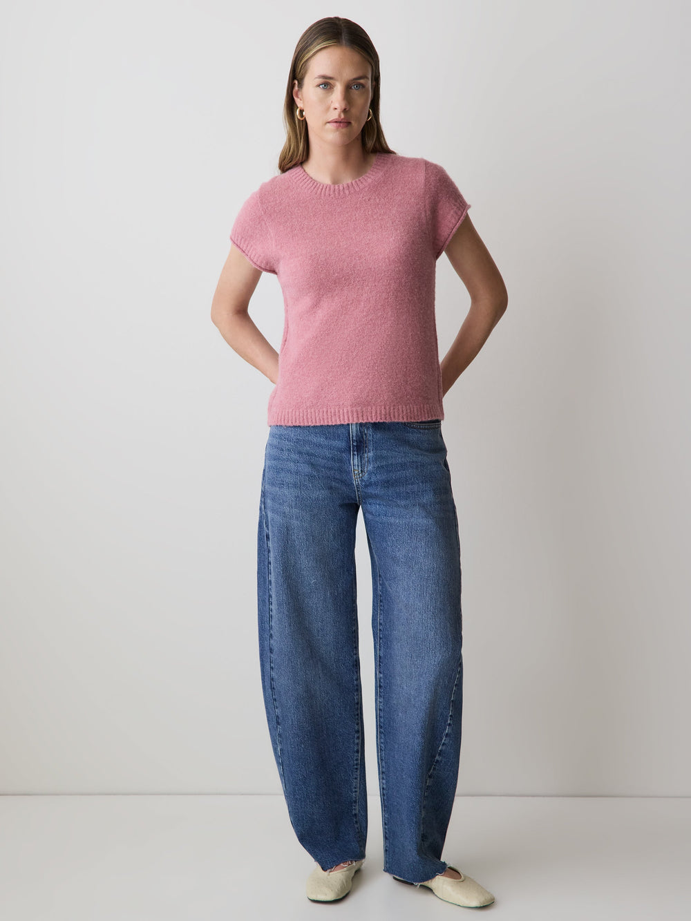 Wool-Blend Cap-Sleeve Crew-Neck Boxy Sweater rw&co Limited Time Discount