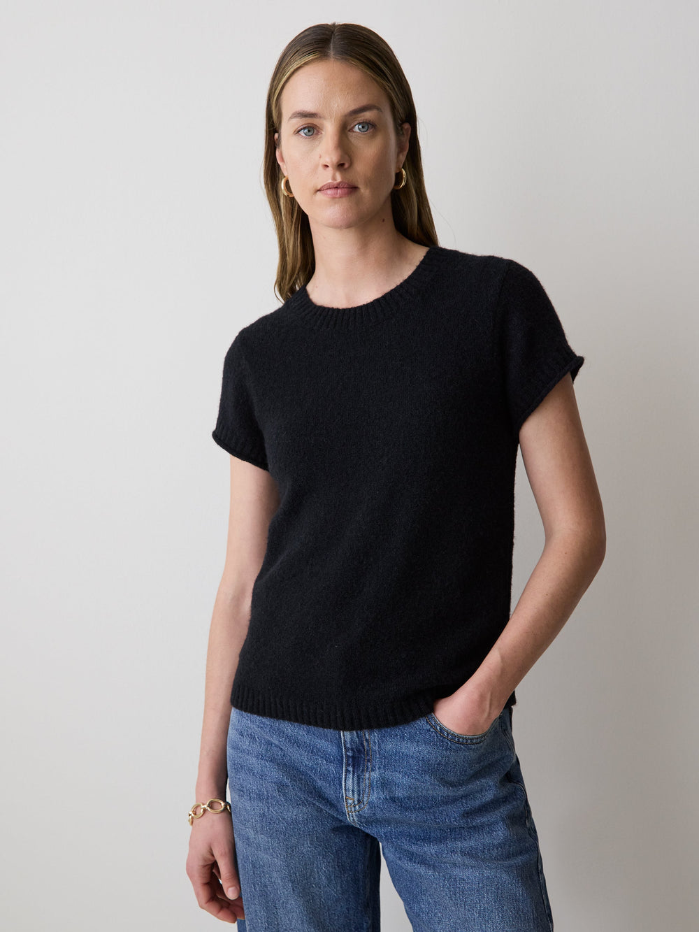 Wool-Blend Cap-Sleeve Crew-Neck Boxy Sweater rw&co Limited Time Discount