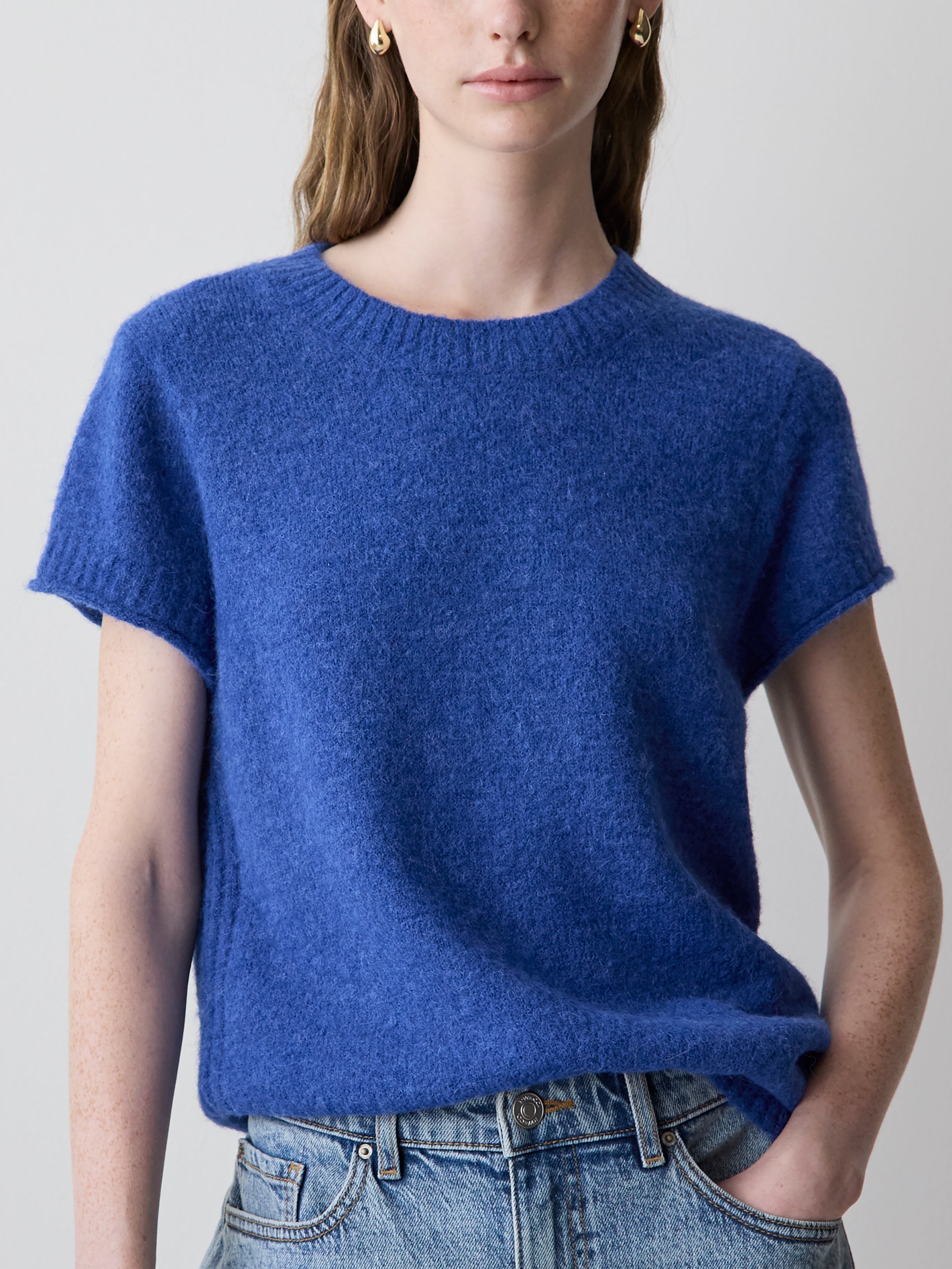 Wool-Blend Cap-Sleeve Crew-Neck Boxy Sweater rw&co Limited Time Discount