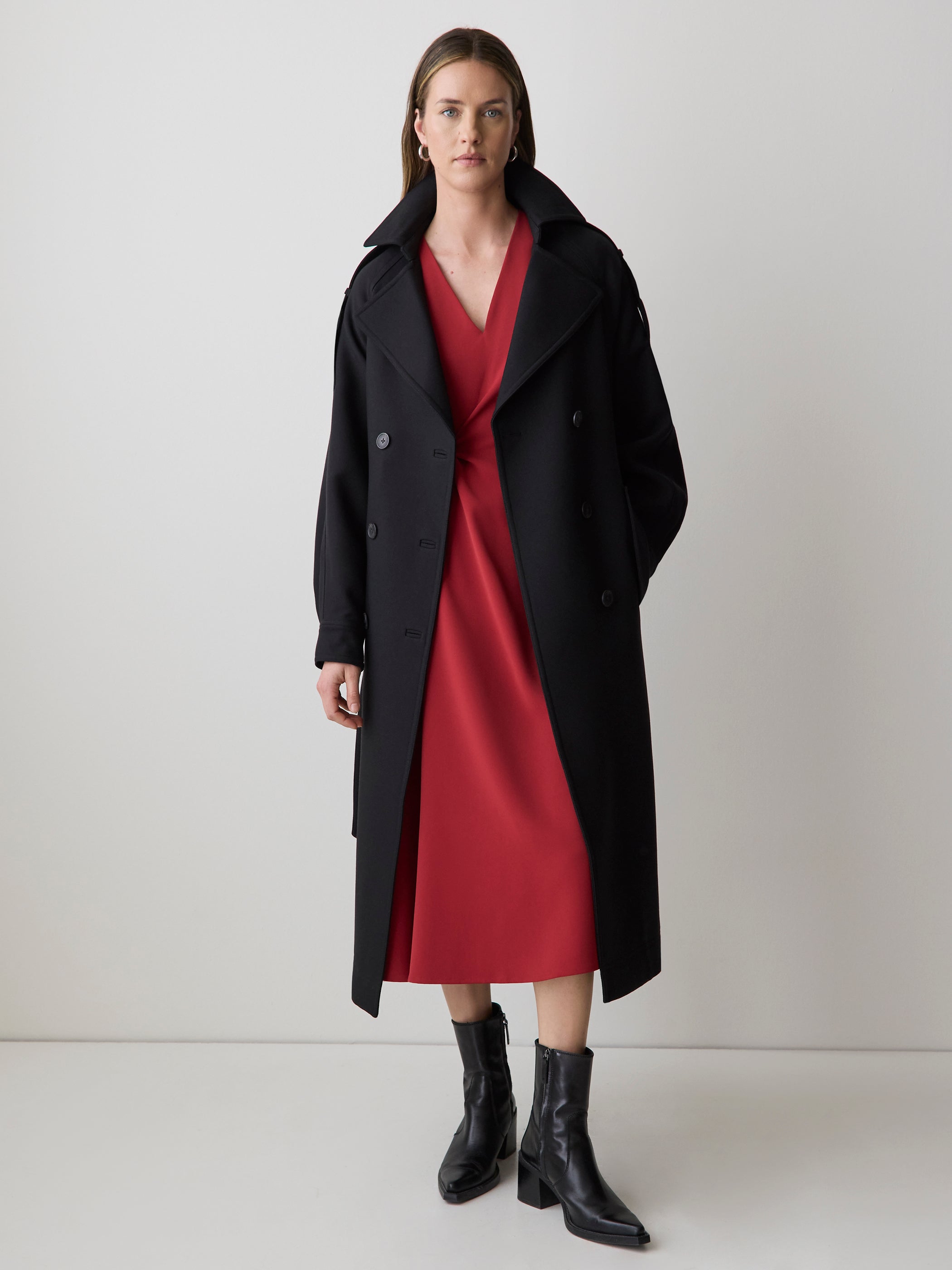 Extended-Sleeve V-Neck Twill Midi Dress rw&co Exclusive Sale Price