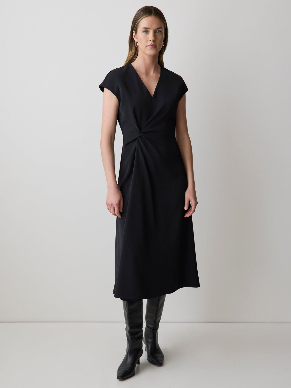 Extended-Sleeve V-Neck Twill Midi Dress rw&co Exclusive Sale Price