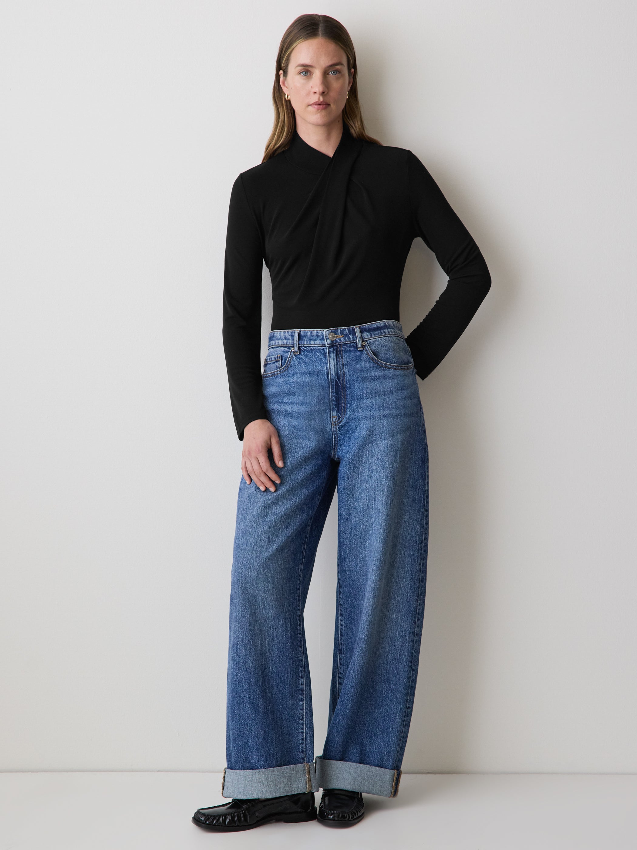 Long-Sleeve Top with Crossover Draped Mock Neckline rw&co Special Offer