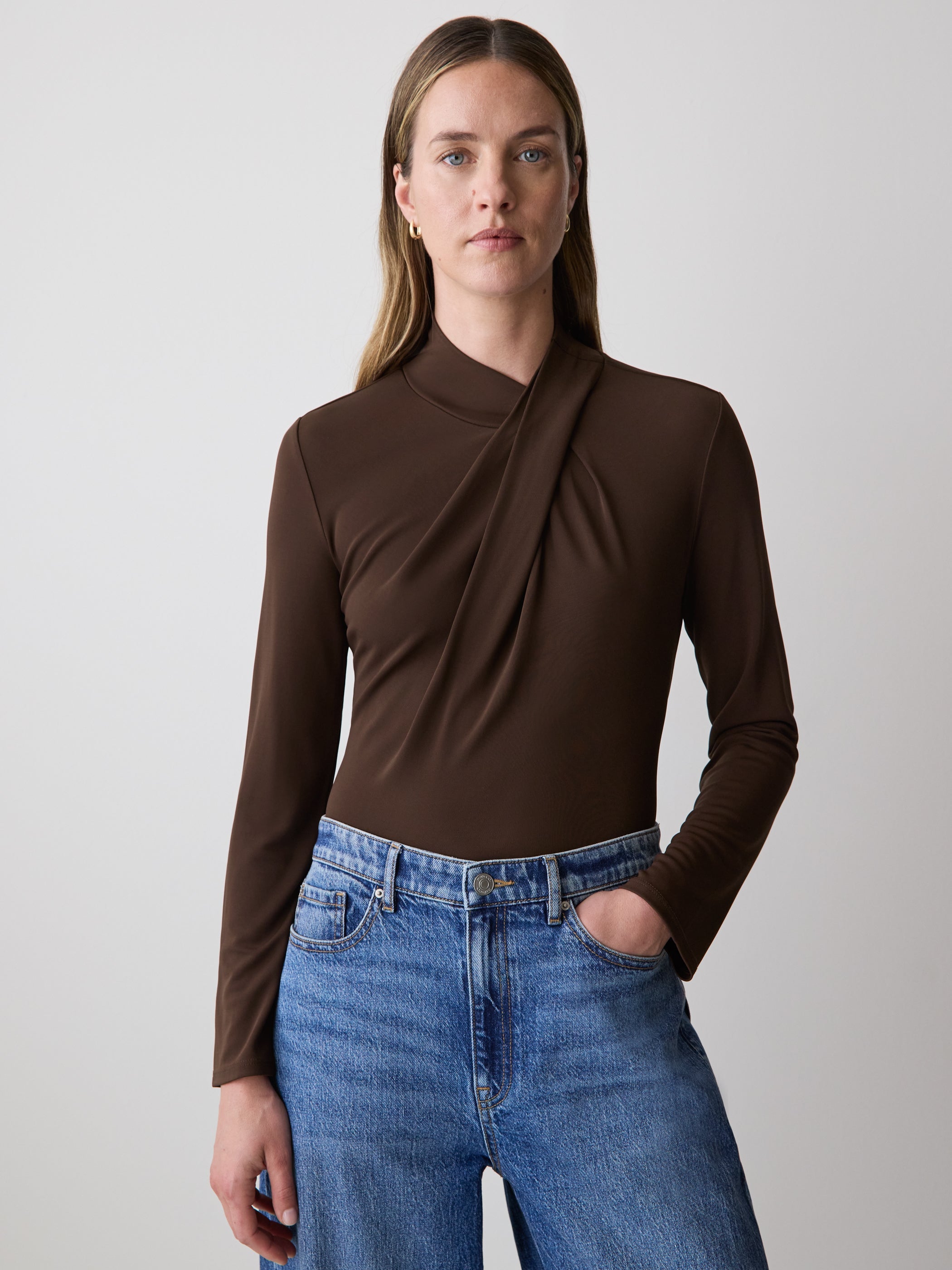 Long-Sleeve Top with Crossover Draped Mock Neckline rw&co Special Offer