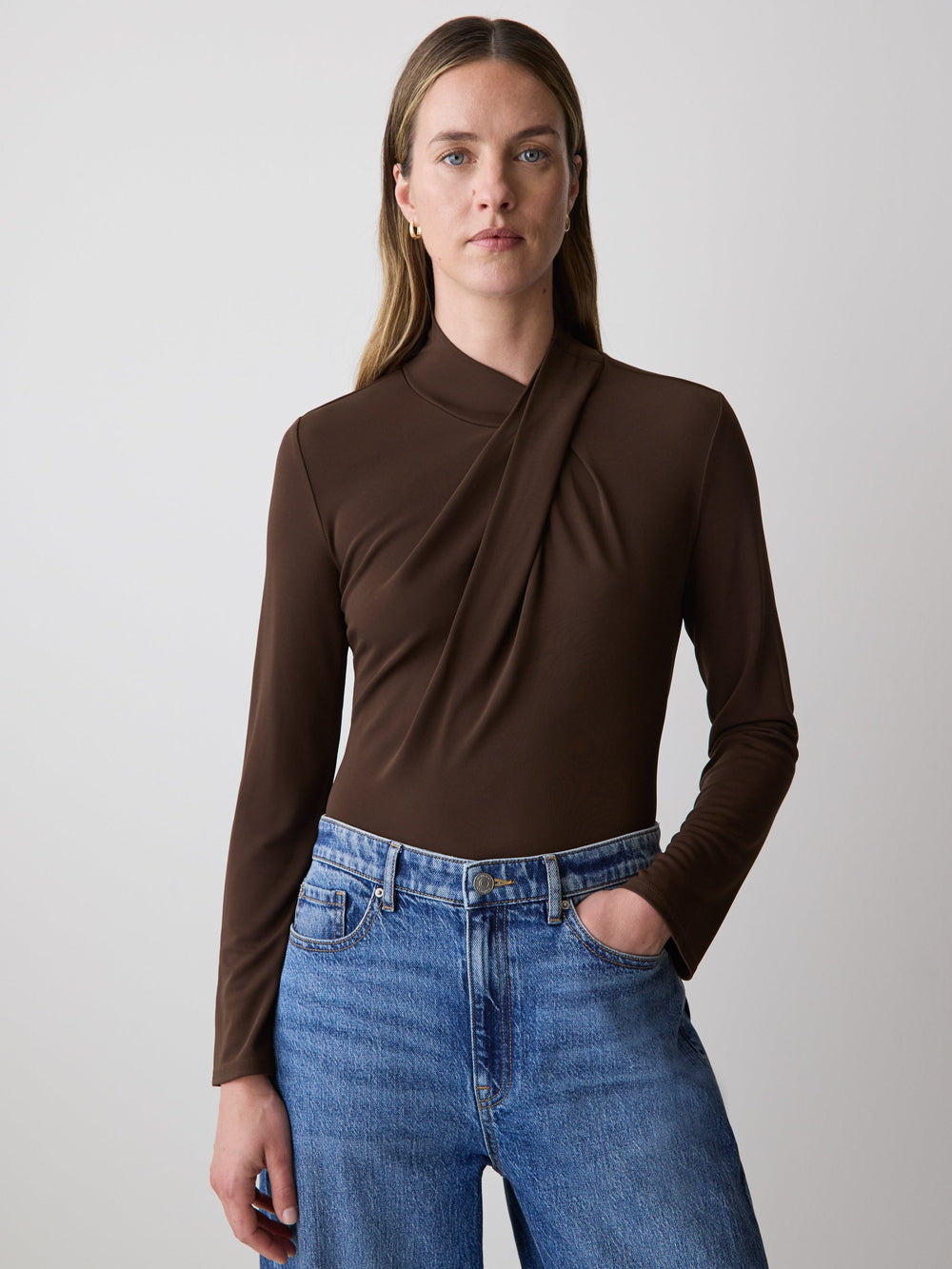 Long-Sleeve Top with Crossover Draped Mock Neckline rw&co Special Offer