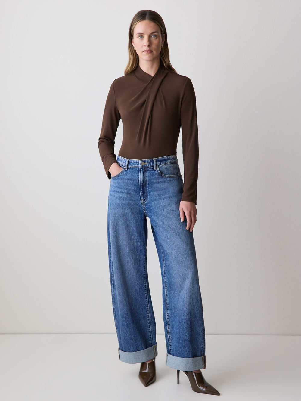 Long-Sleeve Top with Crossover Draped Mock Neckline rw&co Special Offer