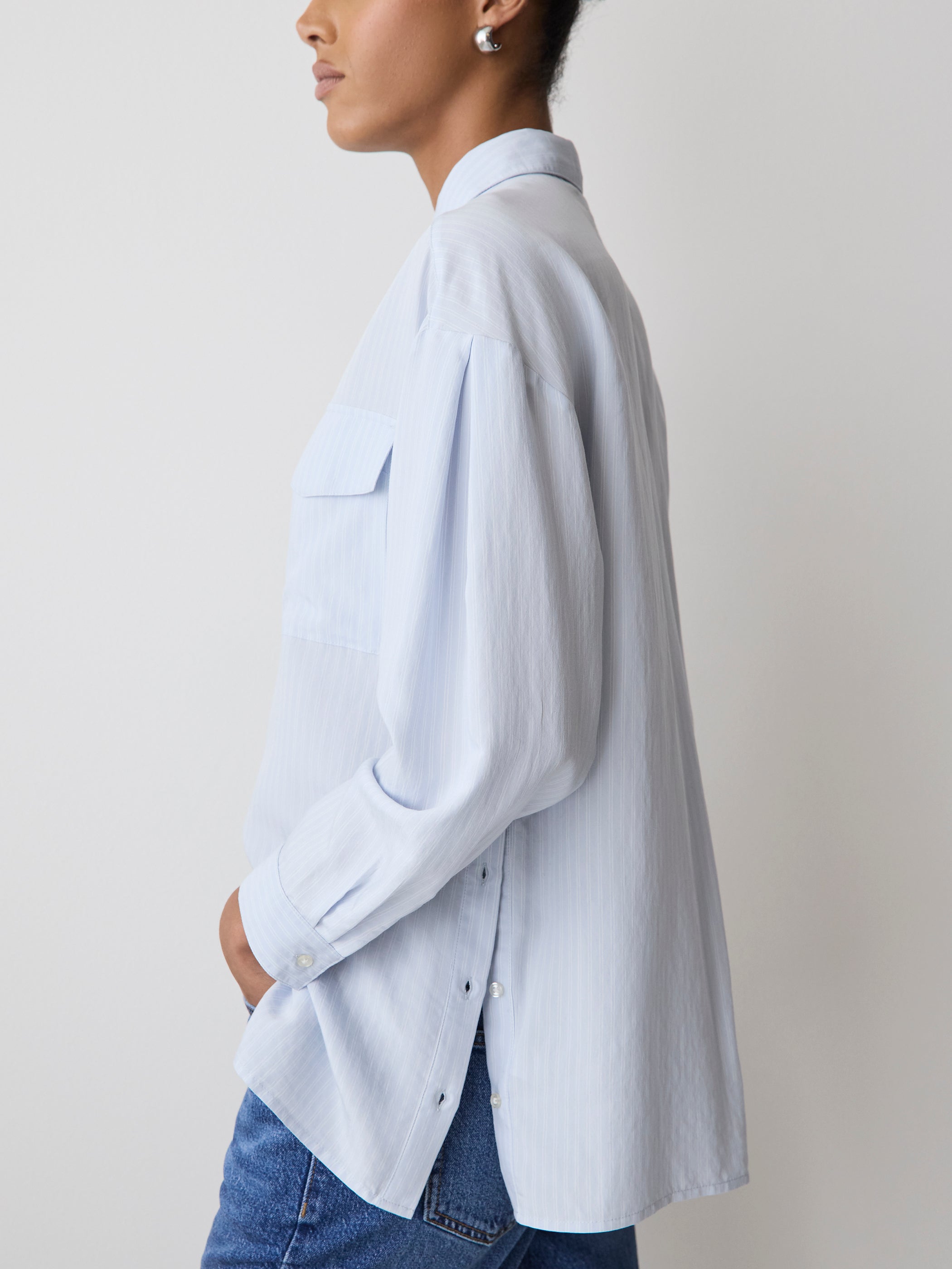 Striped Long-Sleeve Buttoned-Down Blouse with Pockets rw&co Special Promo Price