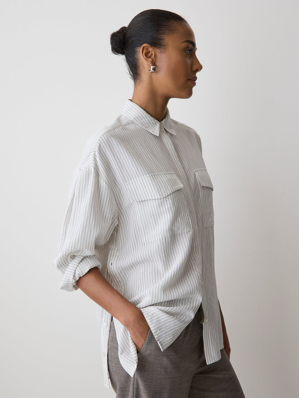 Striped Long-Sleeve Buttoned-Down Blouse with Pockets rw&co Special Promo Price