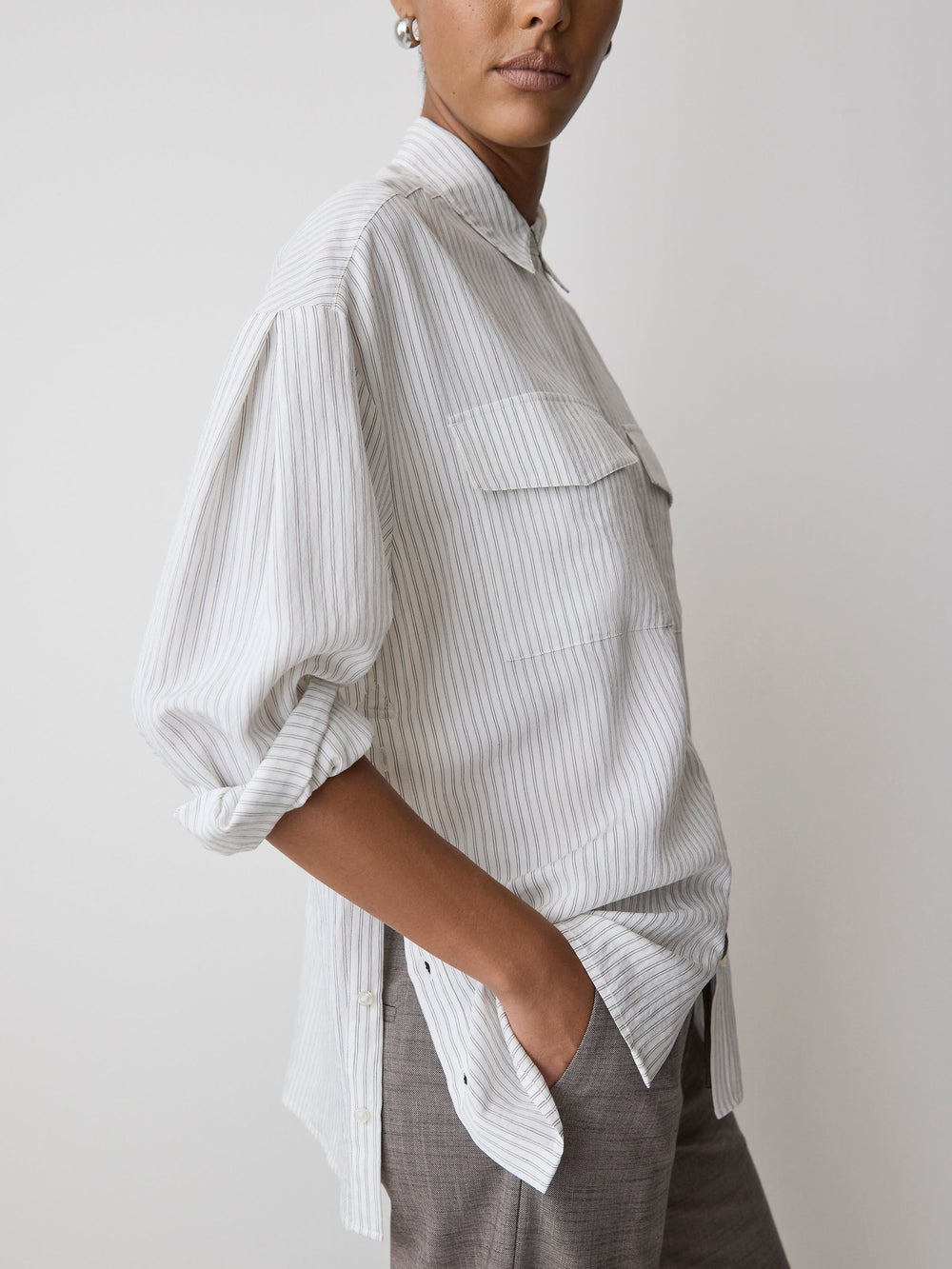 Striped Long-Sleeve Buttoned-Down Blouse with Pockets rw&co Special Promo Price
