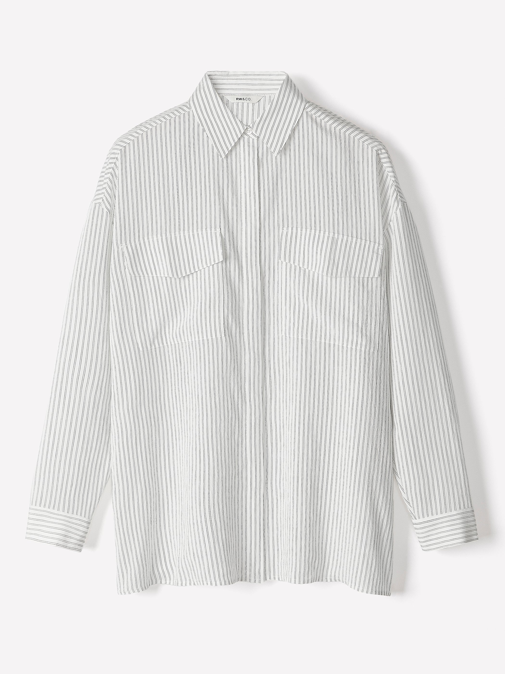 Striped Long-Sleeve Buttoned-Down Blouse with Pockets rw&co Special Promo Price