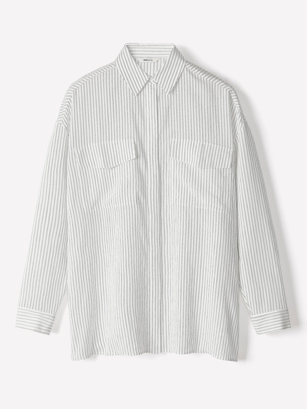 Striped Long-Sleeve Buttoned-Down Blouse with Pockets rw&co Special Promo Price