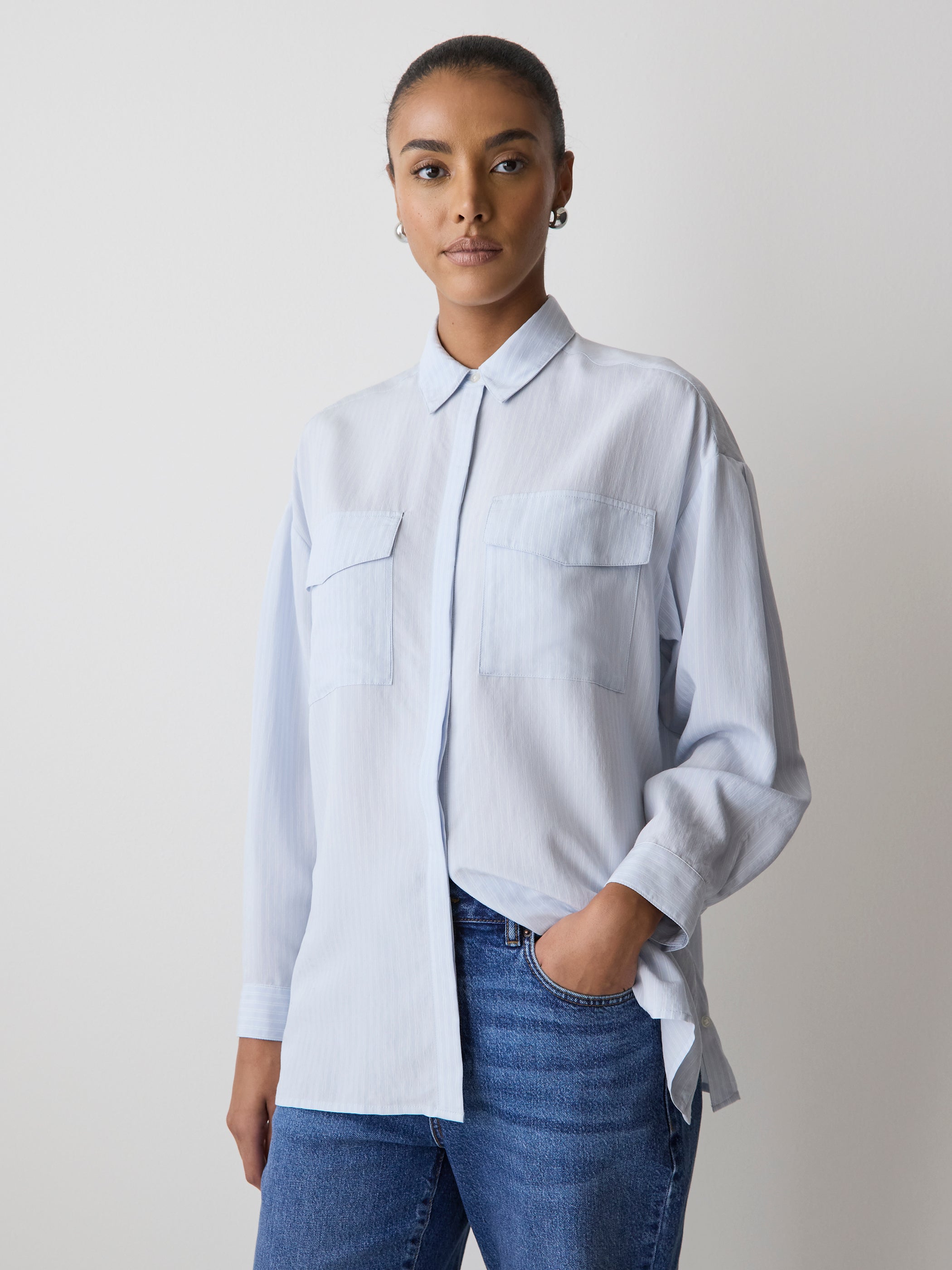 Striped Long-Sleeve Buttoned-Down Blouse with Pockets rw&co Special Promo Price